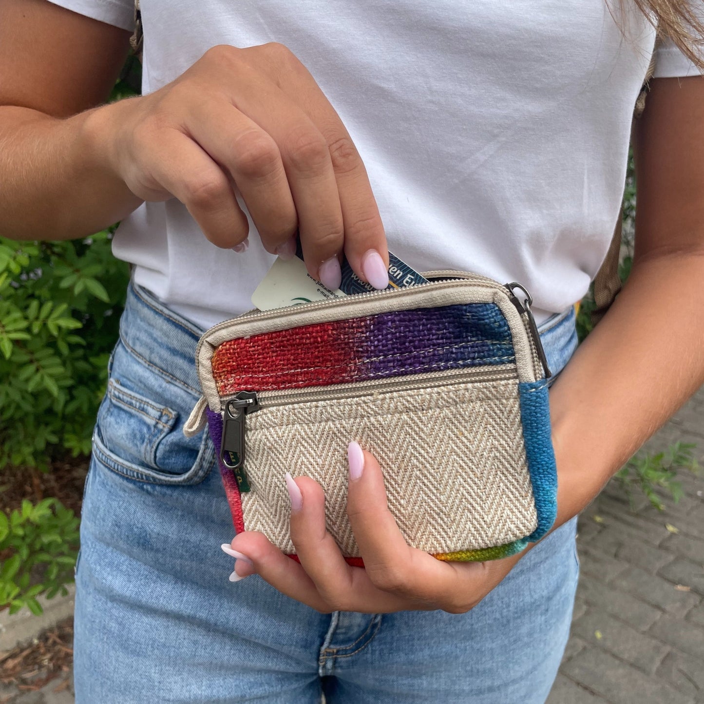 Eco-Friendly Hemp and Cotton Tie Dyed Pouch Wallet or Purse product packaging on clean background from Quintessential Holistic Health Ltd