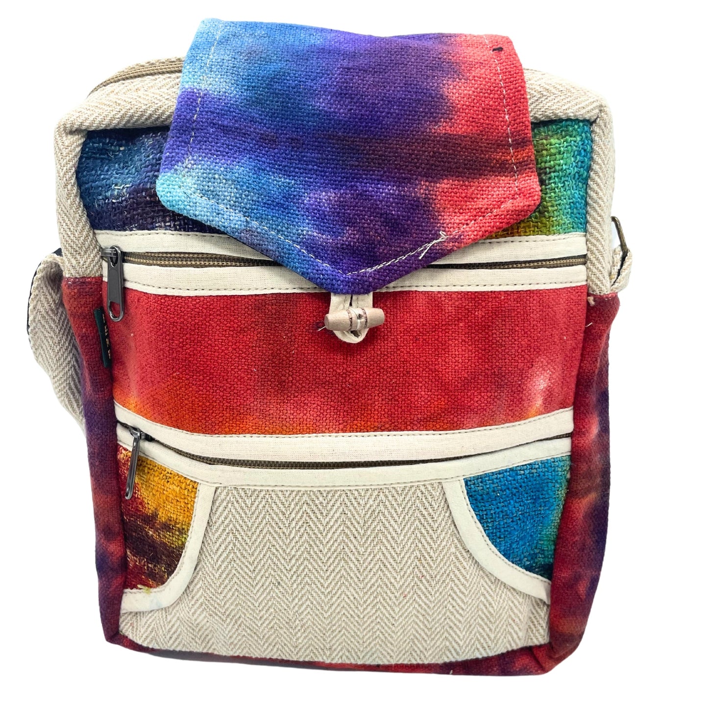 Eco-Friendly Hemp and Cotton Messenger Bag - 2 Zips and Flap / Tie Dyed product packaging on clean background from Quintessential Holistic Health Ltd
