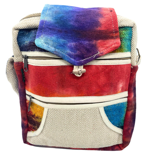 Eco-Friendly Hemp and Cotton Messenger Bag - 2 Zips and Flap / Tie Dyed product packaging on clean background from Quintessential Holistic Health Ltd