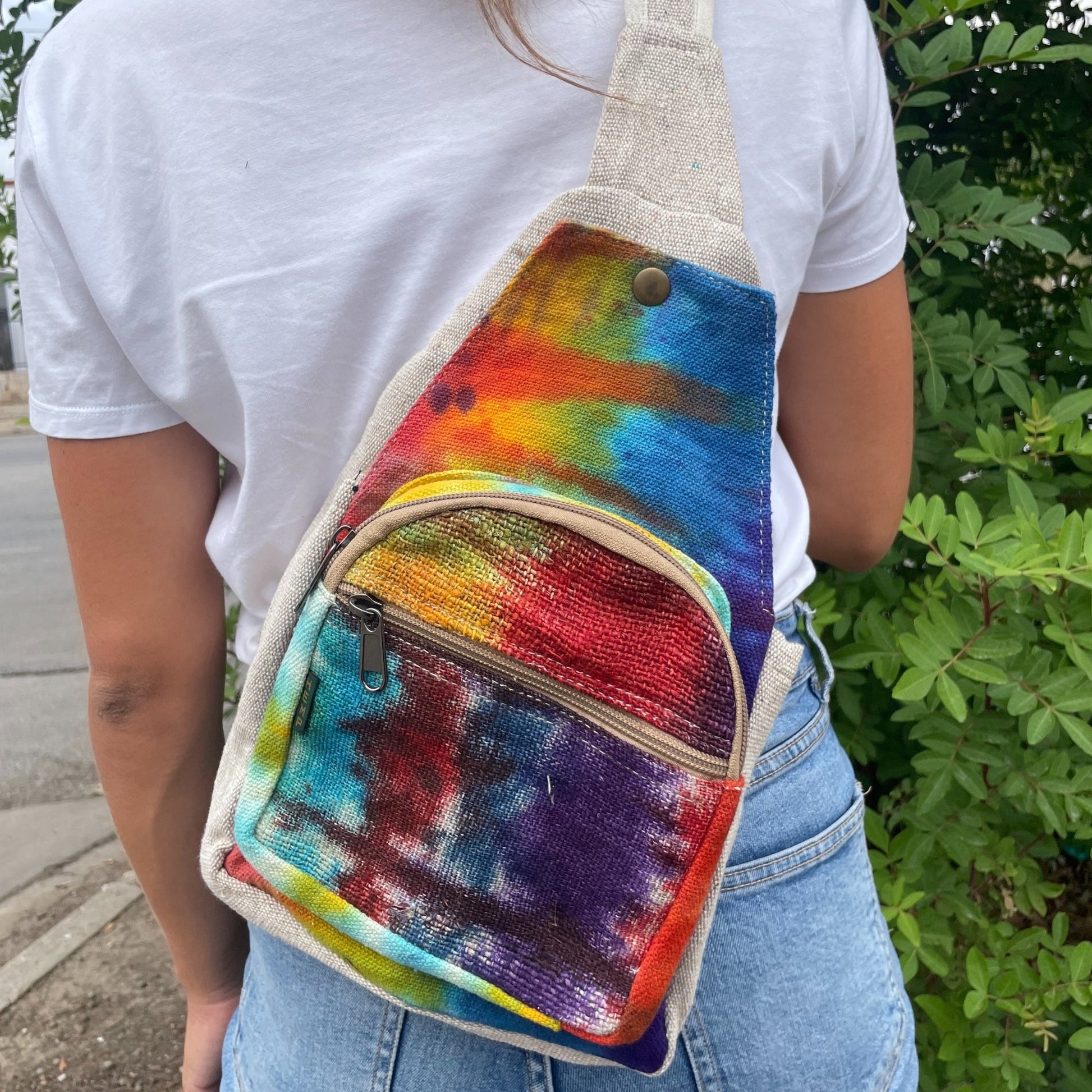 Eco-Friendly Tie Dyed Hemp and Cotton Bag - Sling product packaging on clean background from Quintessential Holistic Health Ltd