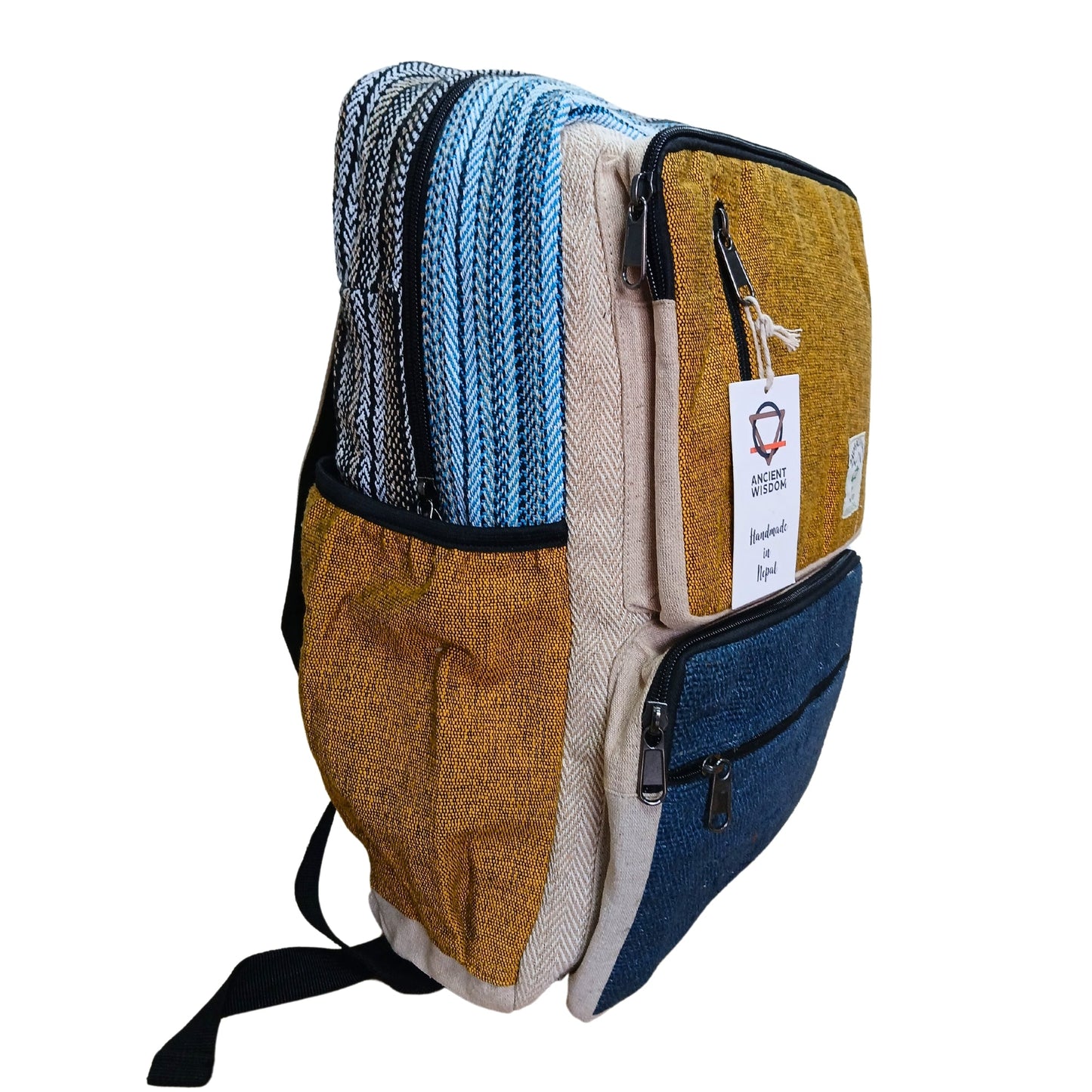 Eco-Friendly Hemp and Cotton Backpack - Large / Teal and Turmeric product packaging on clean background from Quintessential Holistic Health Ltd