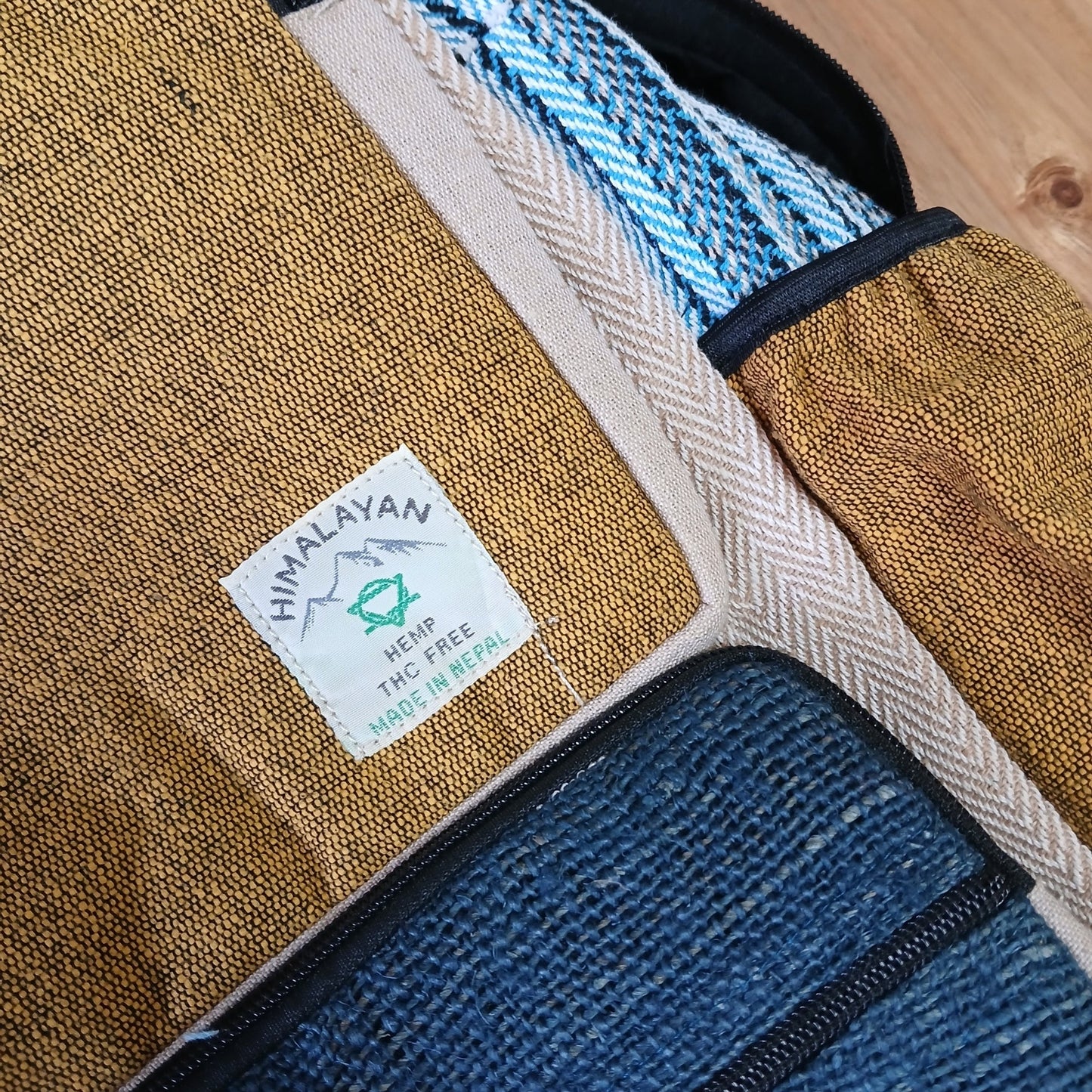 Eco-Friendly Hemp and Cotton Backpack - Large / Teal and Turmeric product packaging on clean background from Quintessential Holistic Health Ltd
