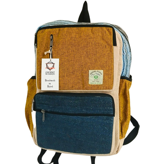 Eco-Friendly Hemp and Cotton Backpack - Large / Teal and Turmeric product packaging on clean background from Quintessential Holistic Health Ltd