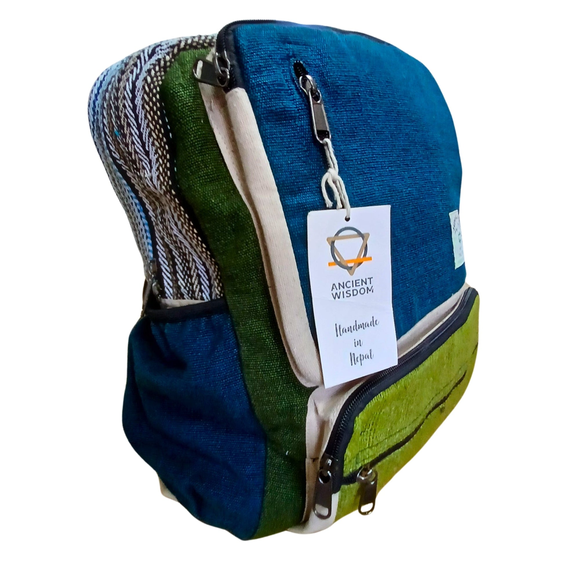 Eco-Friendly Hemp and Cotton Backpack - Large / Teal and Sage product packaging on clean background from Quintessential Holistic Health Ltd