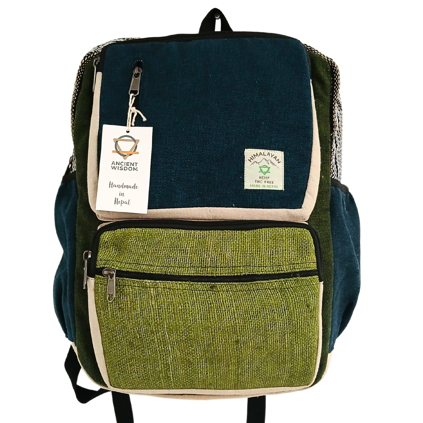 Eco-Friendly Hemp and Cotton Backpack - Large / Teal and Sage product packaging on clean background from Quintessential Holistic Health Ltd