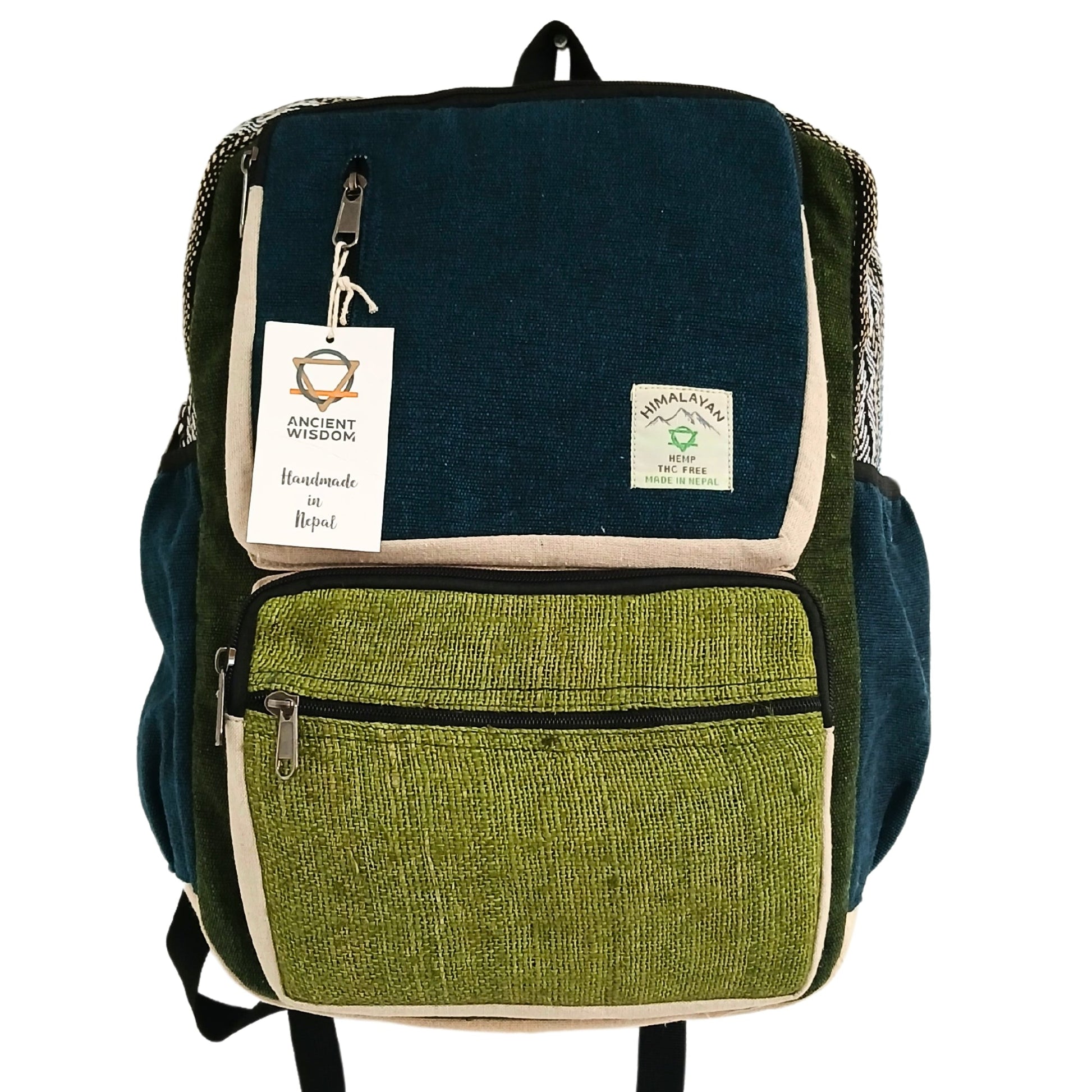 Eco-Friendly Hemp and Cotton Backpack - Large / Teal and Sage product packaging on clean background from Quintessential Holistic Health Ltd