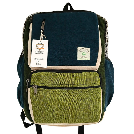 Eco-Friendly Hemp and Cotton Backpack - Large / Teal and Sage product packaging on clean background from Quintessential Holistic Health Ltd