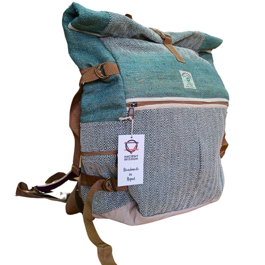 Eco-Friendly Hemp and Cotton Rolling Trekking Backpack - Sage product packaging on clean background from Quintessential Holistic Health Ltd