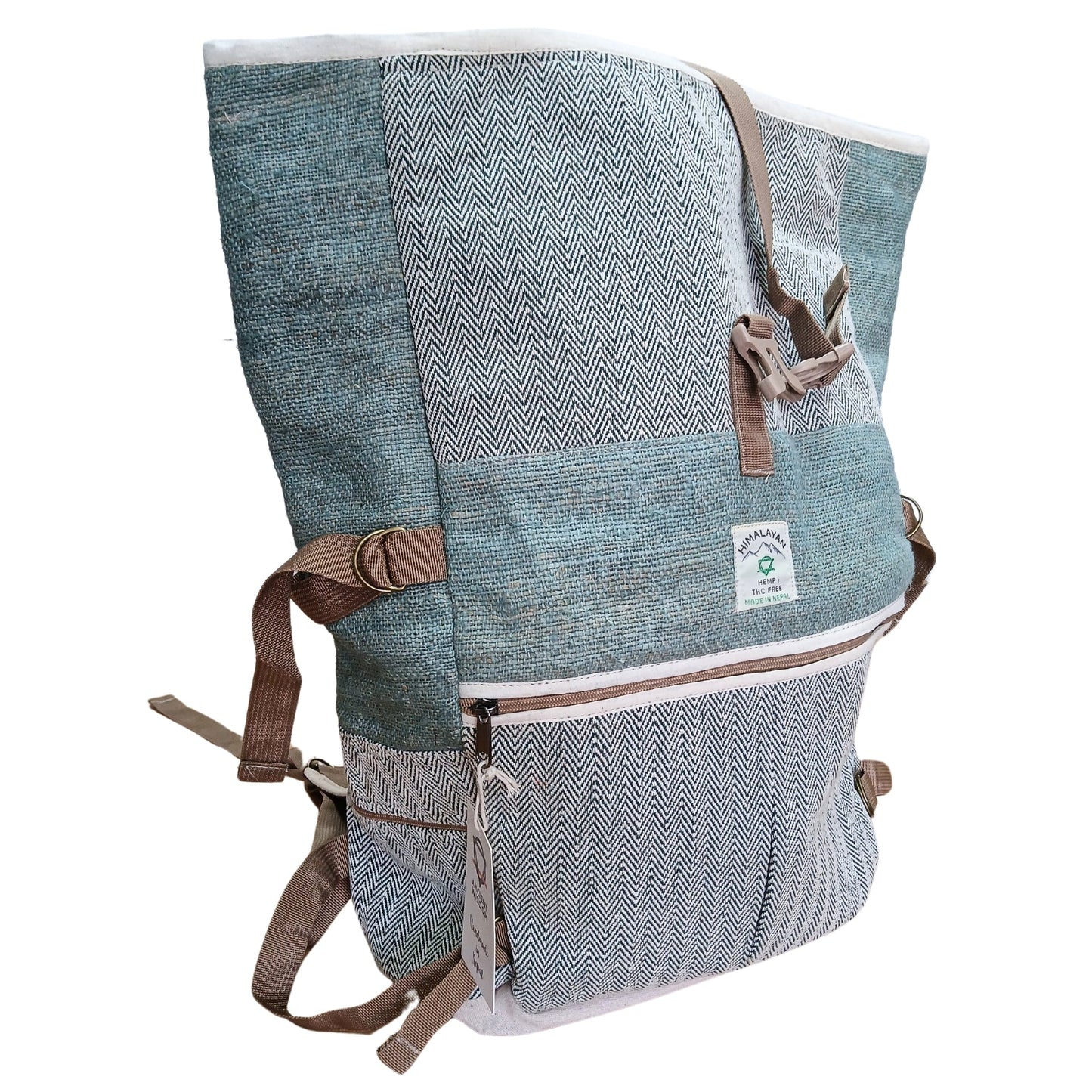 Eco-Friendly Hemp and Cotton Rolling Trekking Backpack - Sage product packaging on clean background from Quintessential Holistic Health Ltd