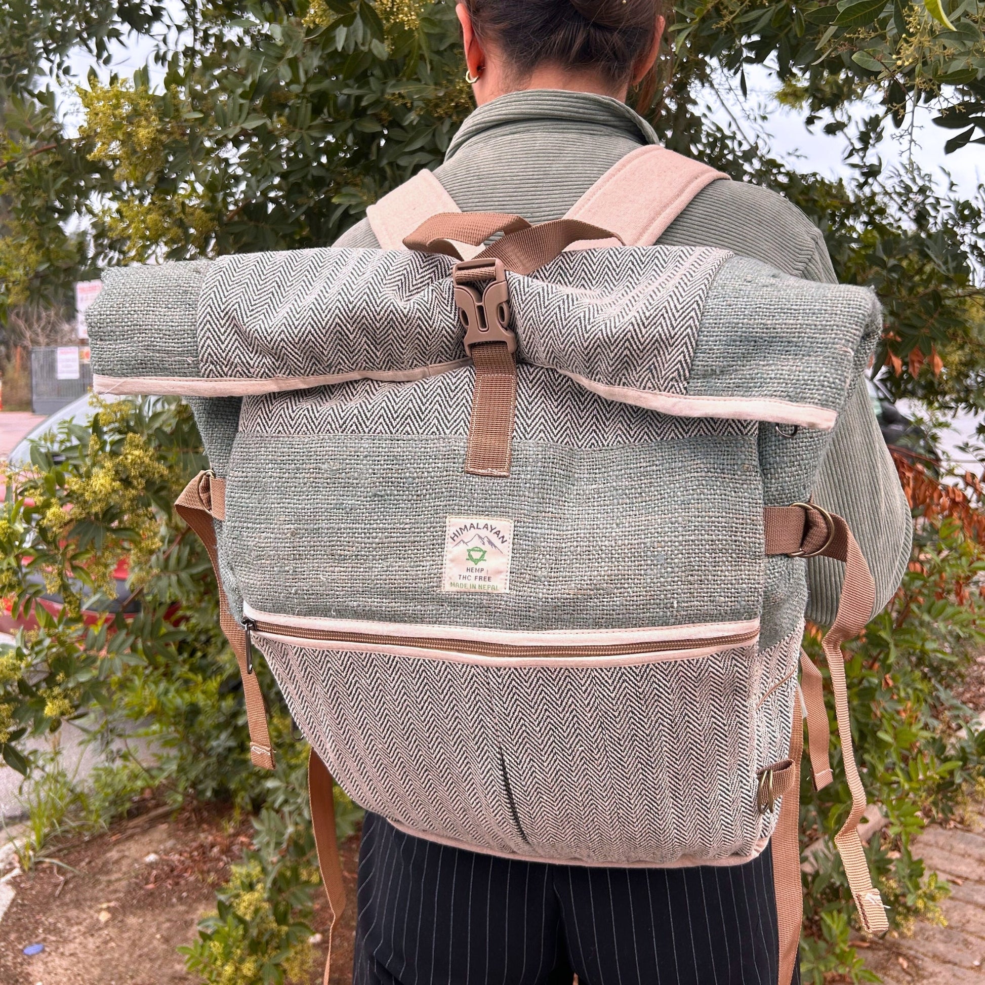 Eco-Friendly Hemp and Cotton Rolling Trekking Backpack - Sage product packaging on clean background from Quintessential Holistic Health Ltd
