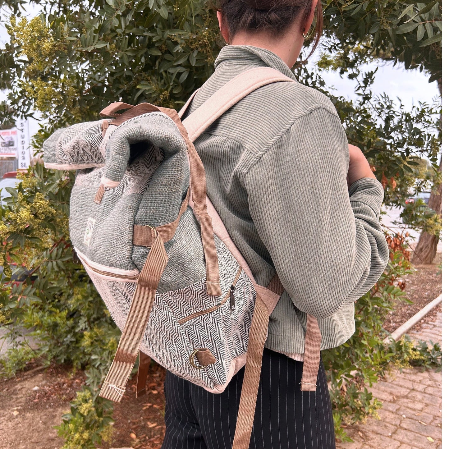 Eco-Friendly Hemp and Cotton Rolling Trekking Backpack - Sage product packaging on clean background from Quintessential Holistic Health Ltd