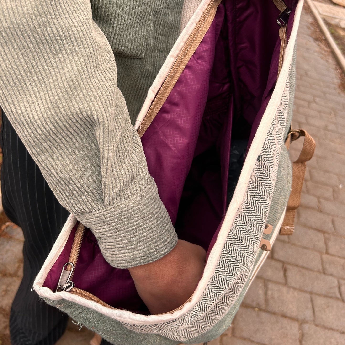 Eco-Friendly Hemp and Cotton Rolling Trekking Backpack - Sage product packaging on clean background from Quintessential Holistic Health Ltd