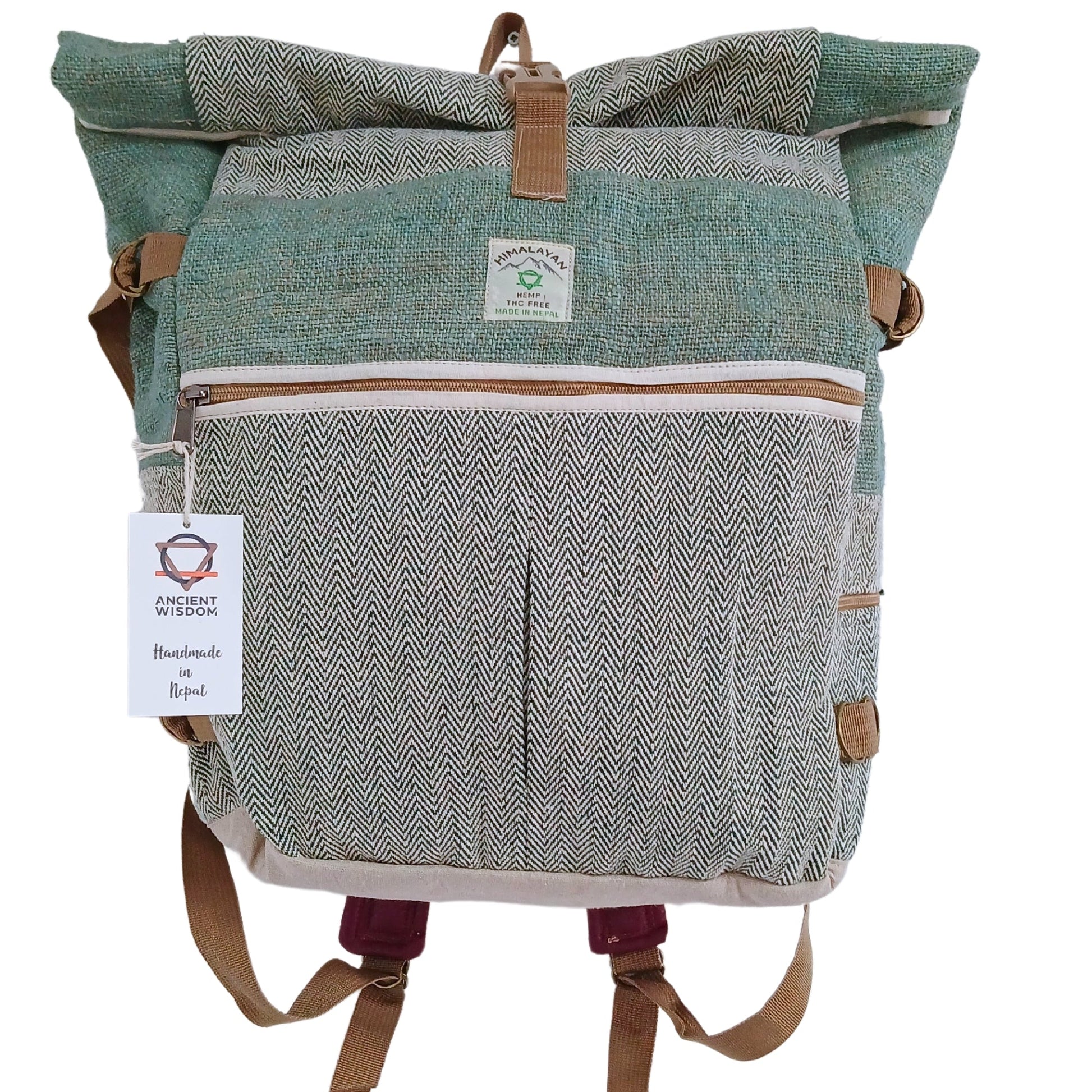 Eco-Friendly Hemp and Cotton Rolling Trekking Backpack - Sage product packaging on clean background from Quintessential Holistic Health Ltd