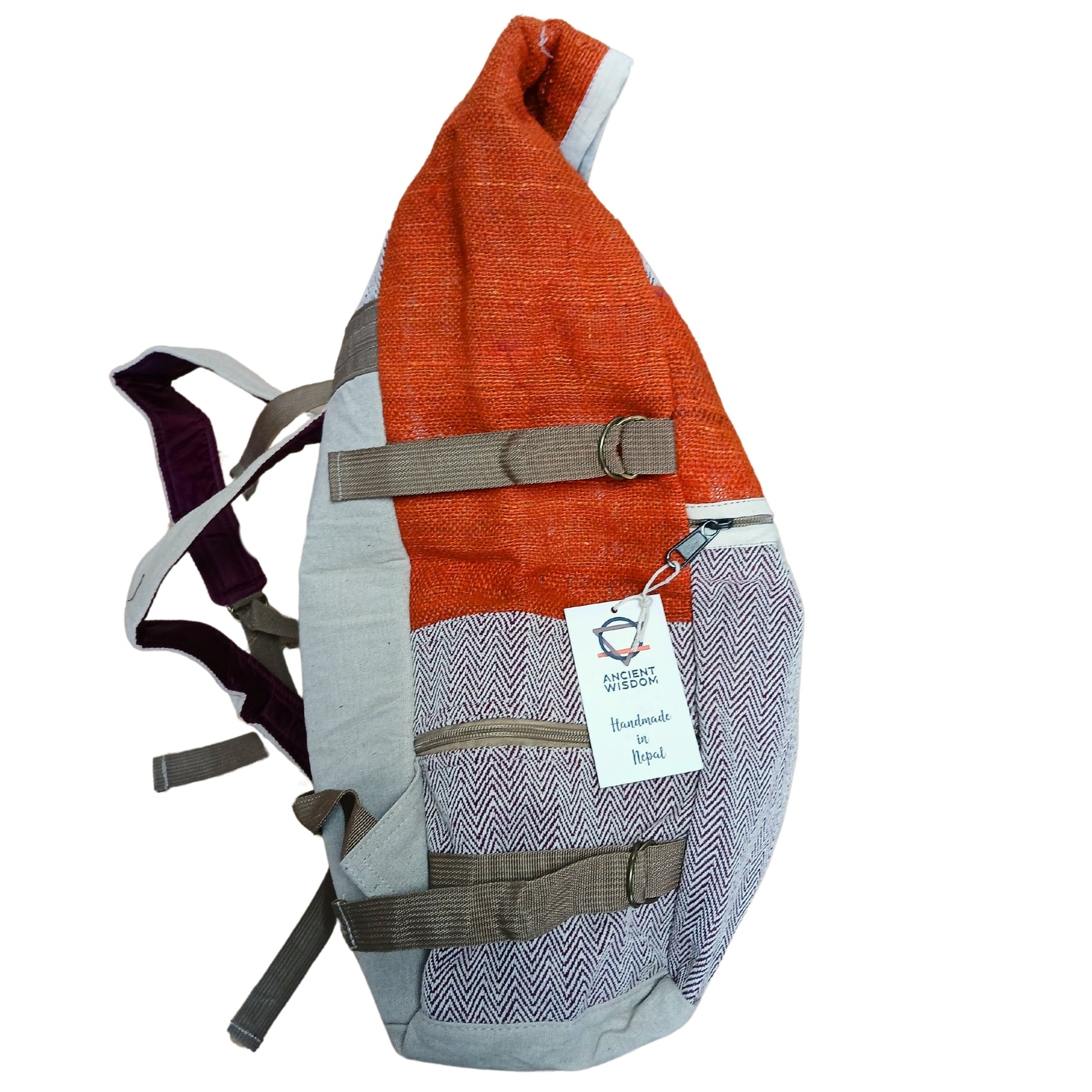 Eco-Friendly Hemp and Cotton Rolling Trekking Backpack - Sunset Orange product packaging on clean background from Quintessential Holistic Health Ltd