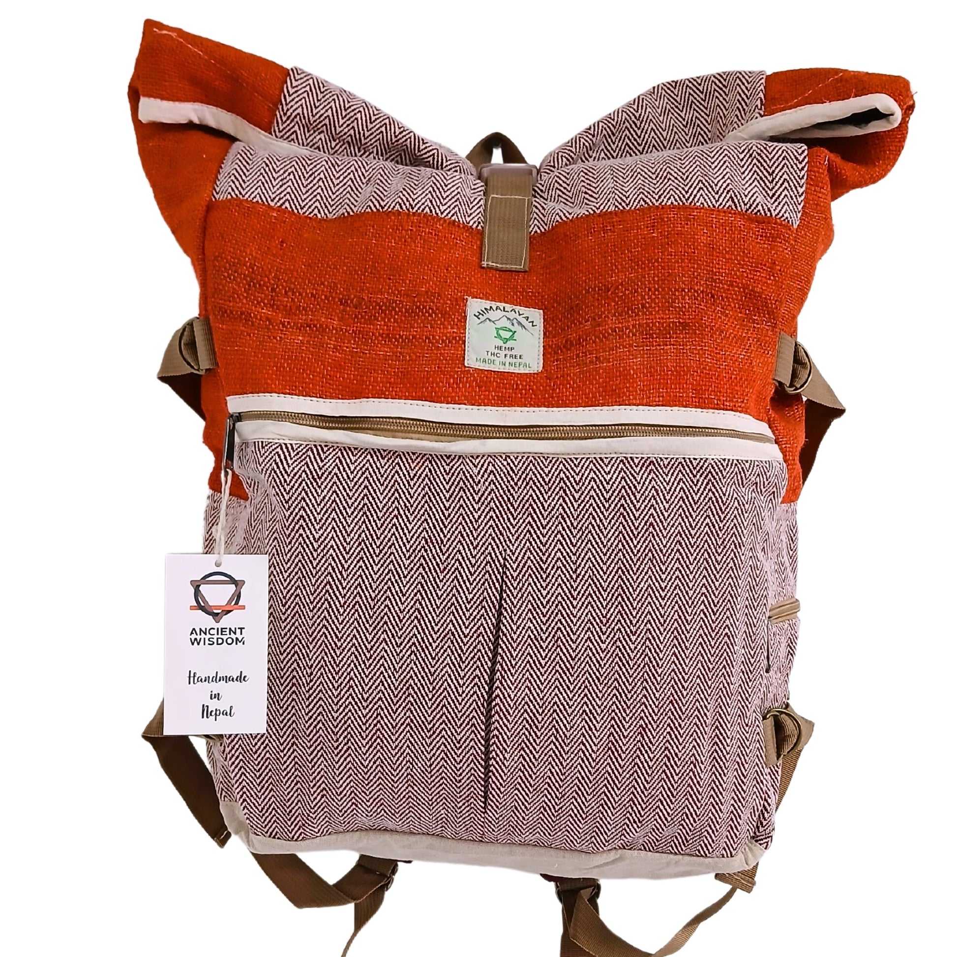 Eco-Friendly Hemp and Cotton Rolling Trekking Backpack - Sunset Orange product packaging on clean background from Quintessential Holistic Health Ltd