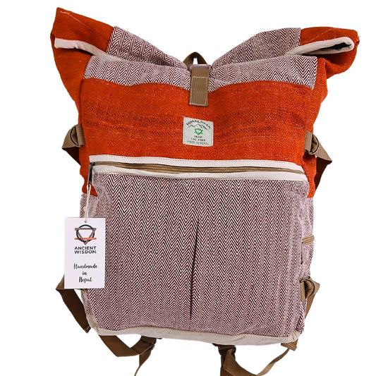 Eco-Friendly Hemp and Cotton Rolling Trekking Backpack - Sunset Orange product packaging on clean background from Quintessential Holistic Health Ltd