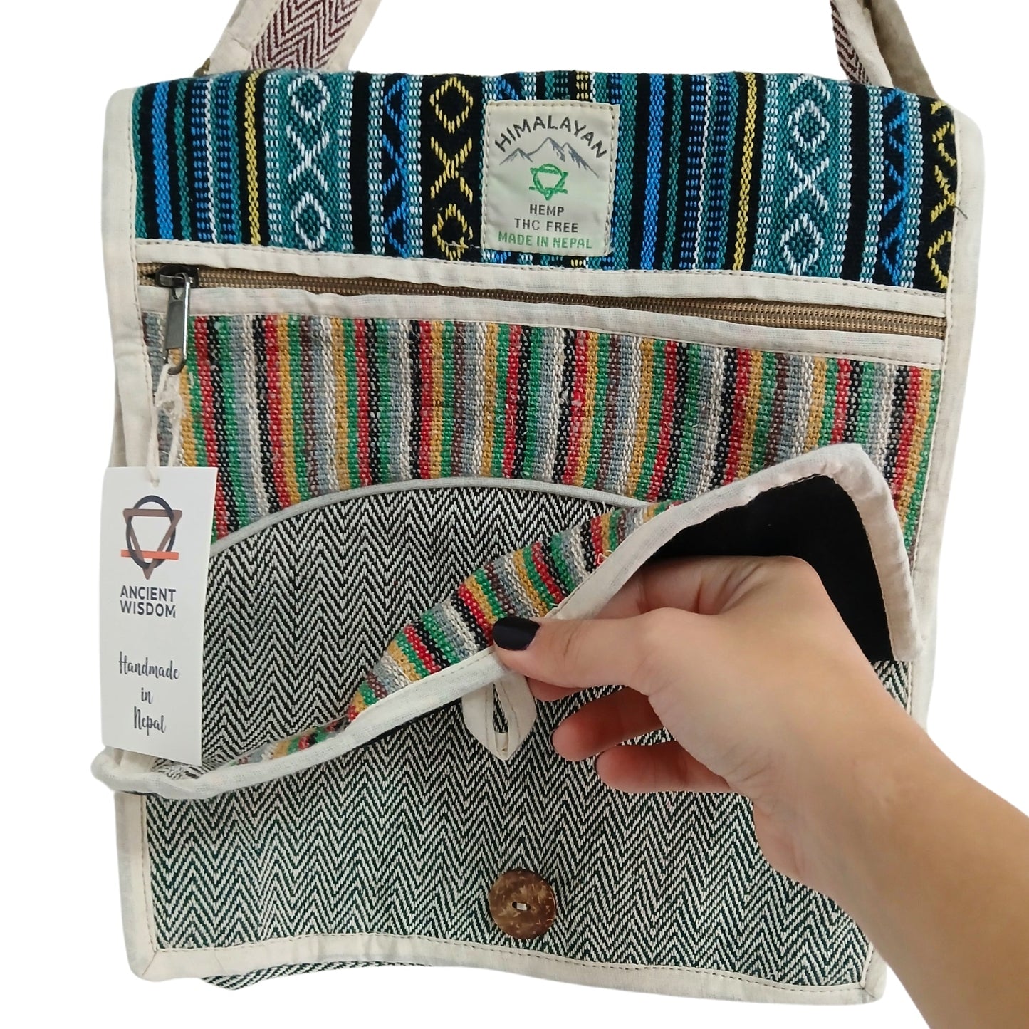 Eco-Friendly Hemp and Cotton Laptop Messenger Bag - Curves product packaging on clean background from Quintessential Holistic Health Ltd
