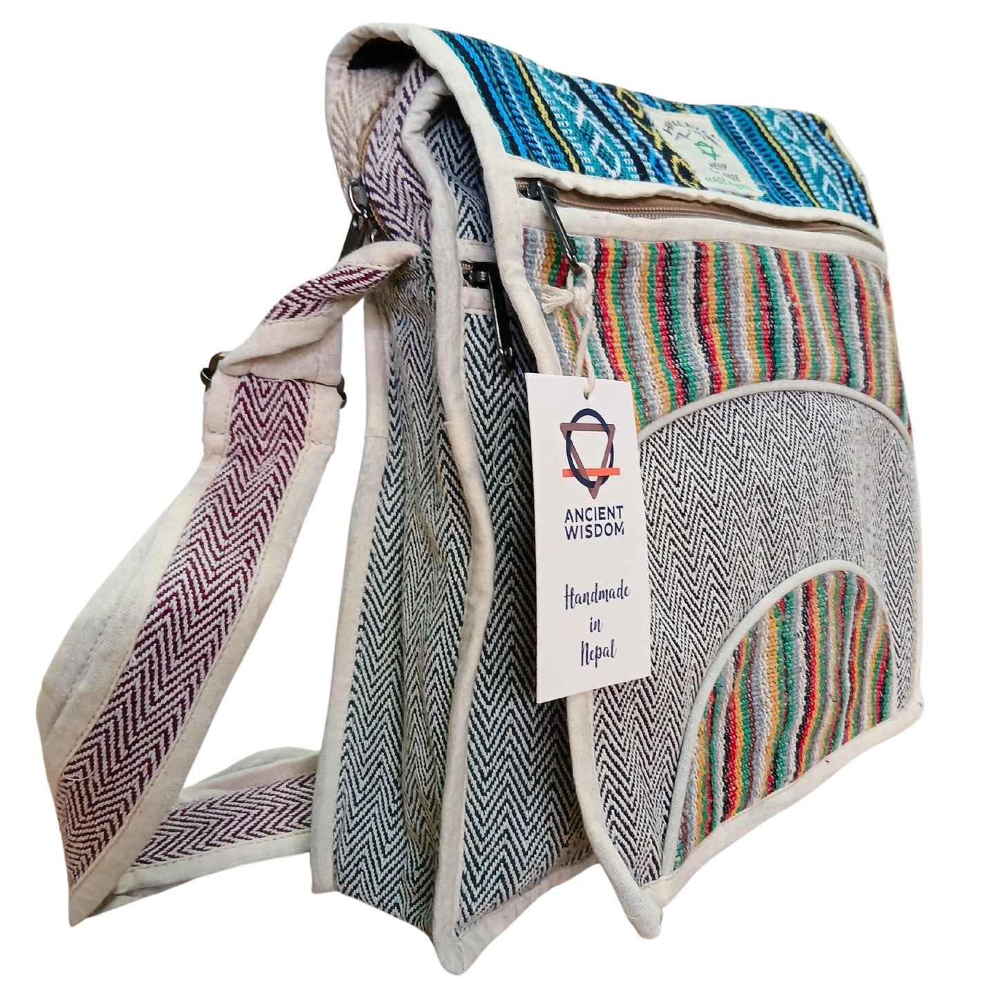 Eco-Friendly Hemp and Cotton Laptop Messenger Bag - Curves product packaging on clean background from Quintessential Holistic Health Ltd