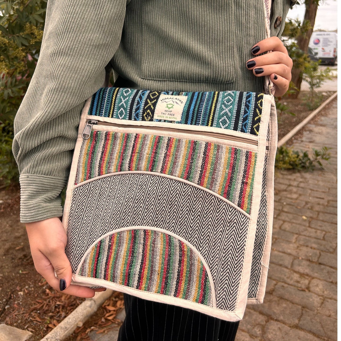 Eco-Friendly Hemp and Cotton Laptop Messenger Bag - Curves product packaging on clean background from Quintessential Holistic Health Ltd