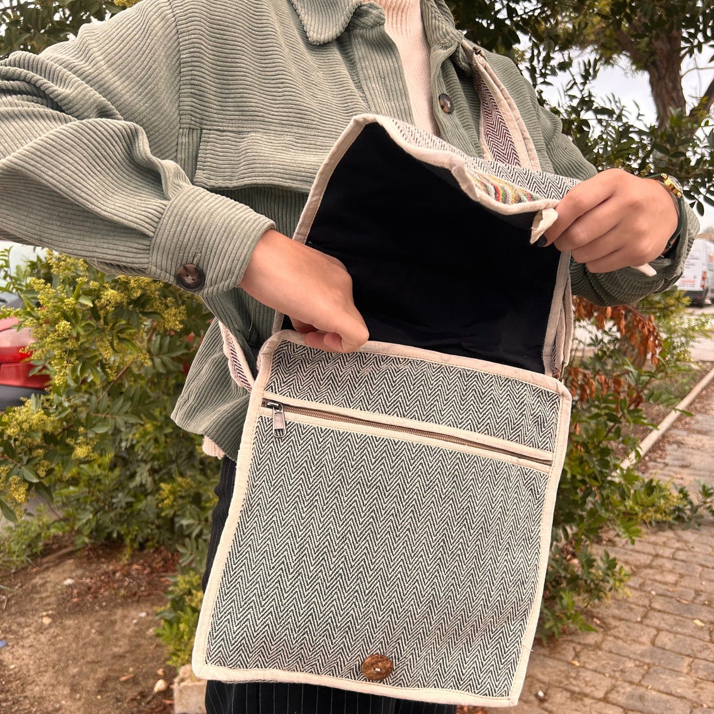 Eco-Friendly Hemp and Cotton Laptop Messenger Bag - Curves product packaging on clean background from Quintessential Holistic Health Ltd