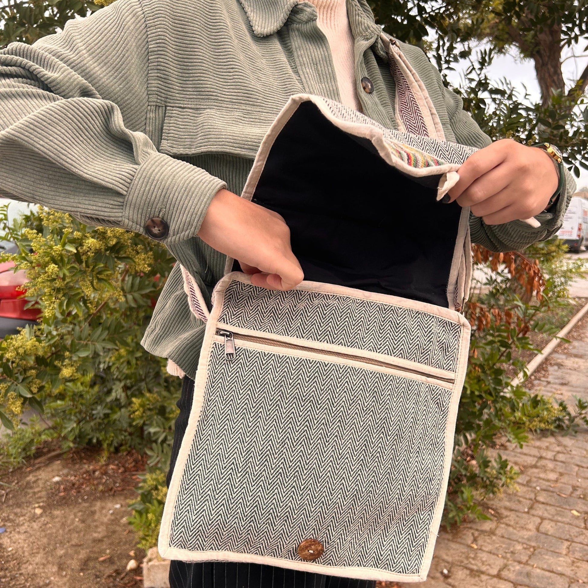 Eco-Friendly Hemp and Cotton Laptop Messenger Bag - Curves product packaging on clean background from Quintessential Holistic Health Ltd