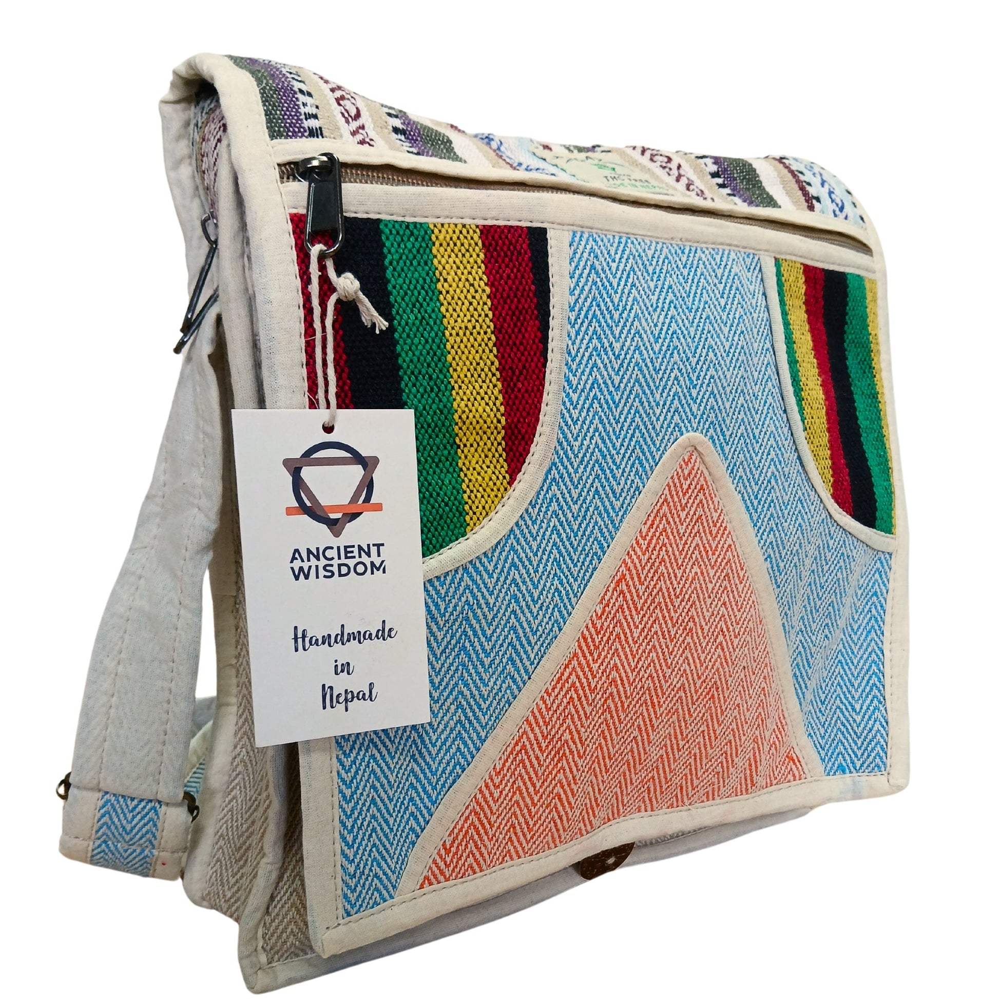 Eco-Friendly Hemp and Cotton Laptop Messenger Bag - Triangle product packaging on clean background from Quintessential Holistic Health Ltd