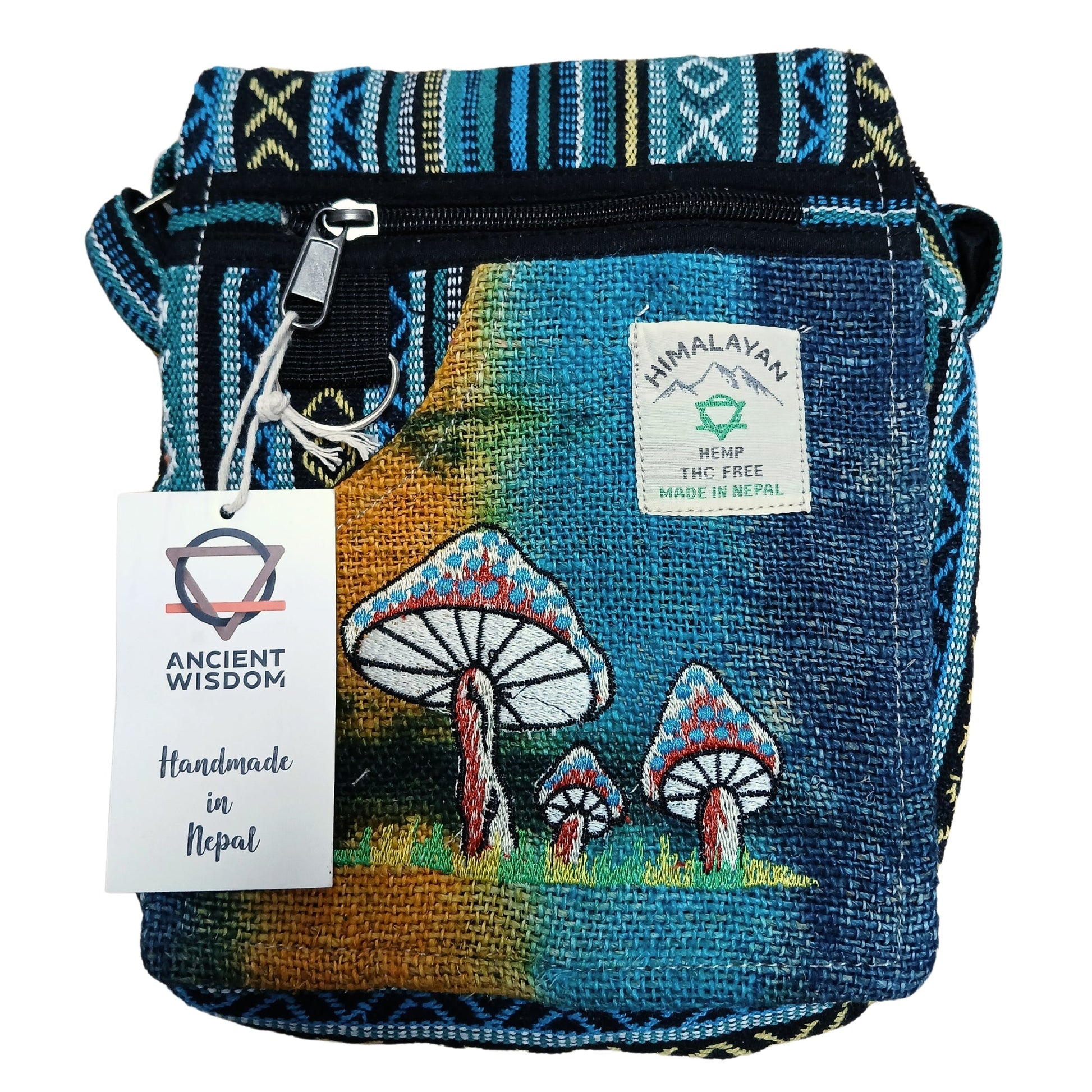 Eco-Friendly Hemp and Cotton Embroidered Bag - Green / Mushrooms product packaging on clean background from Quintessential Holistic Health Ltd