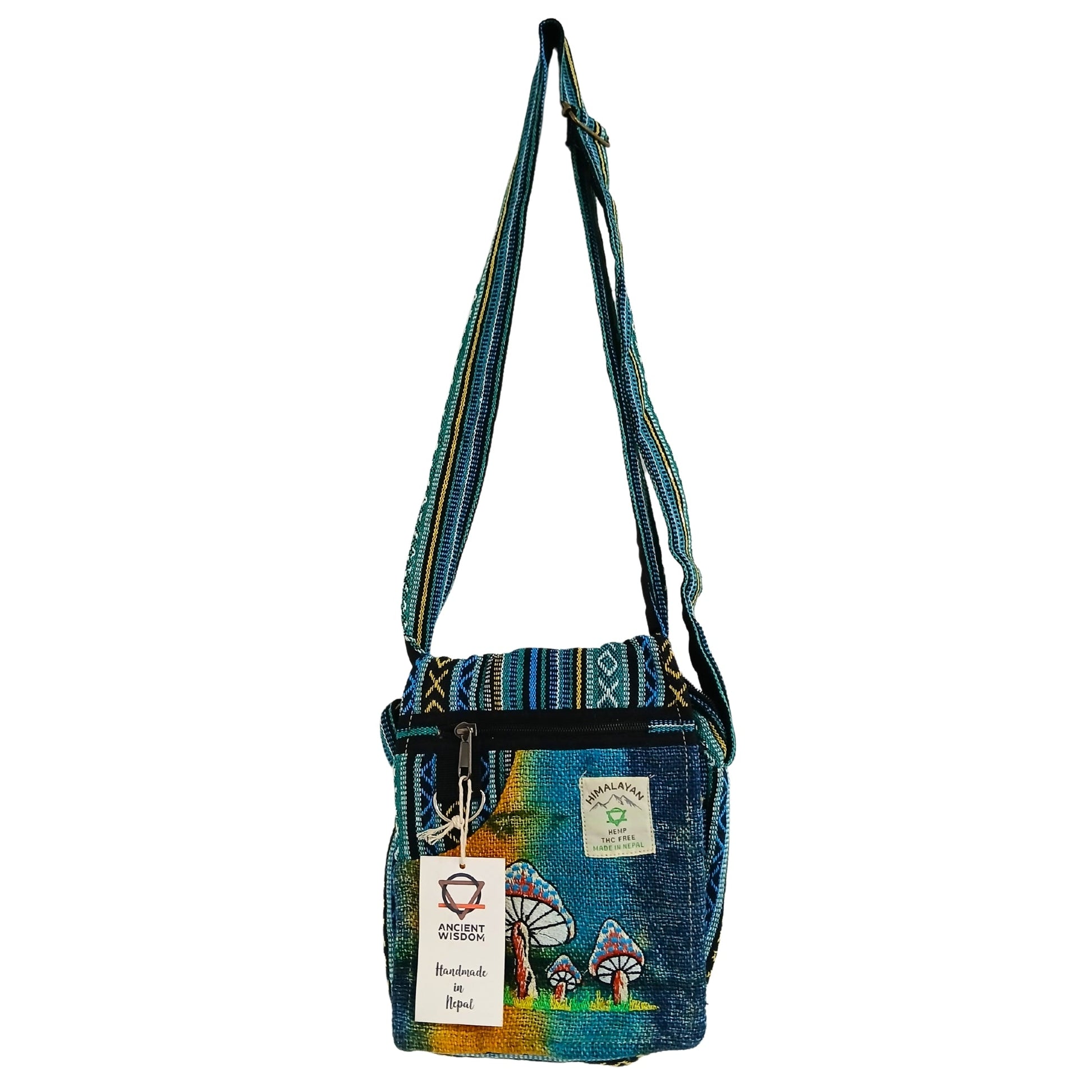 Eco-Friendly Hemp and Cotton Embroidered Bag - Green / Mushrooms product packaging on clean background from Quintessential Holistic Health Ltd