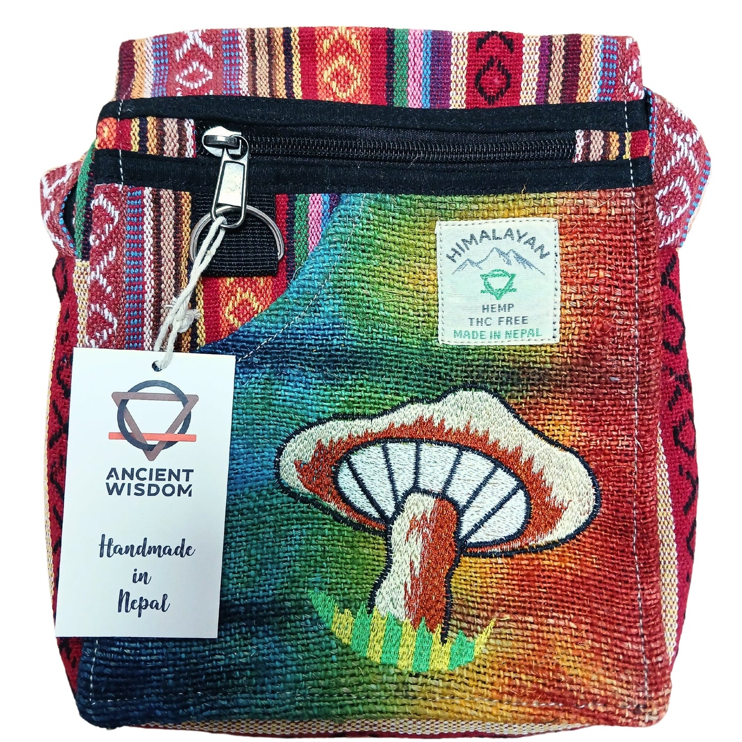 Eco-Friendly Hemp and Cotton Embroidered Bag - Orange / Mushroom product packaging on clean background from Quintessential Holistic Health Ltd