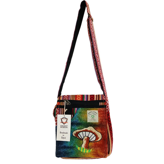 Eco-Friendly Hemp and Cotton Embroidered Bag - Orange / Mushroom product packaging on clean background from Quintessential Holistic Health Ltd