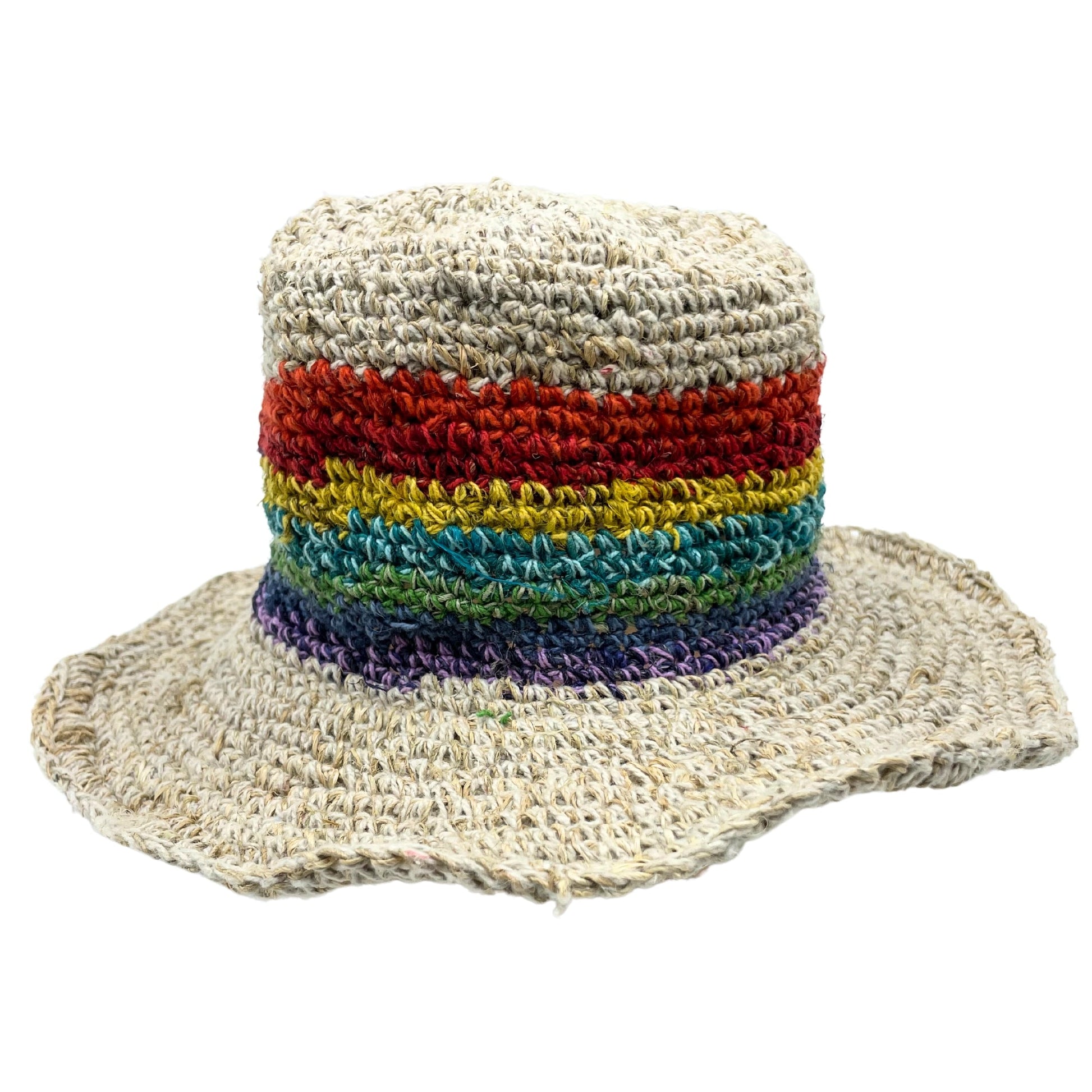 Hand Knitted Eco-Friendly Hemp and Cotton Unisex Boho Festival Hat - Rainbow product packaging on clean background from Quintessential Holistic Health Ltd
