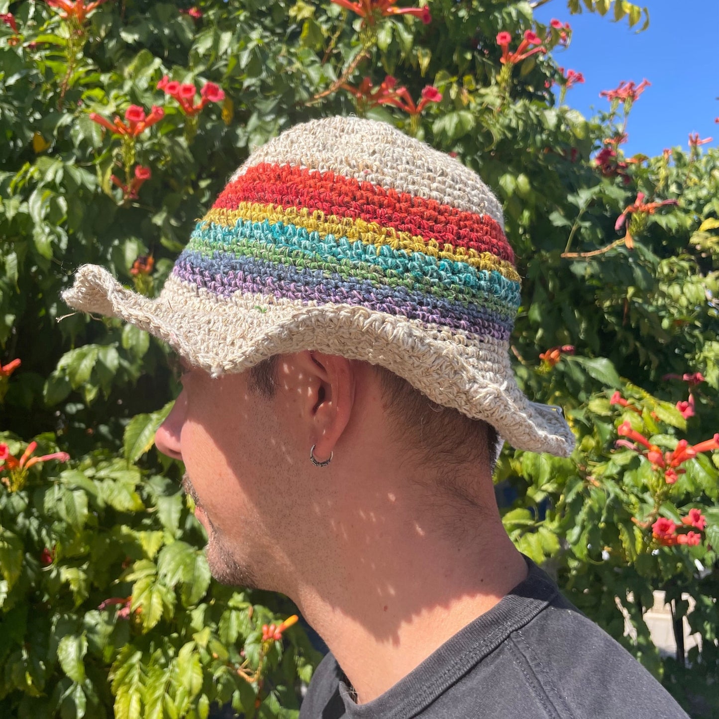 Hand Knitted Eco-Friendly Hemp and Cotton Unisex Boho Festival Hat - Rainbow product packaging on clean background from Quintessential Holistic Health Ltd
