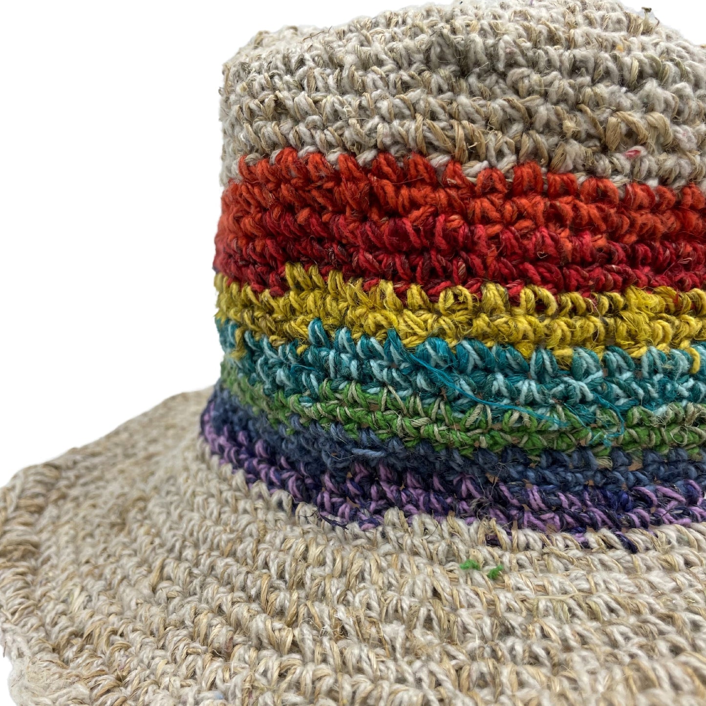 Hand Knitted Eco-Friendly Hemp and Cotton Unisex Boho Festival Hat - Rainbow product packaging on clean background from Quintessential Holistic Health Ltd