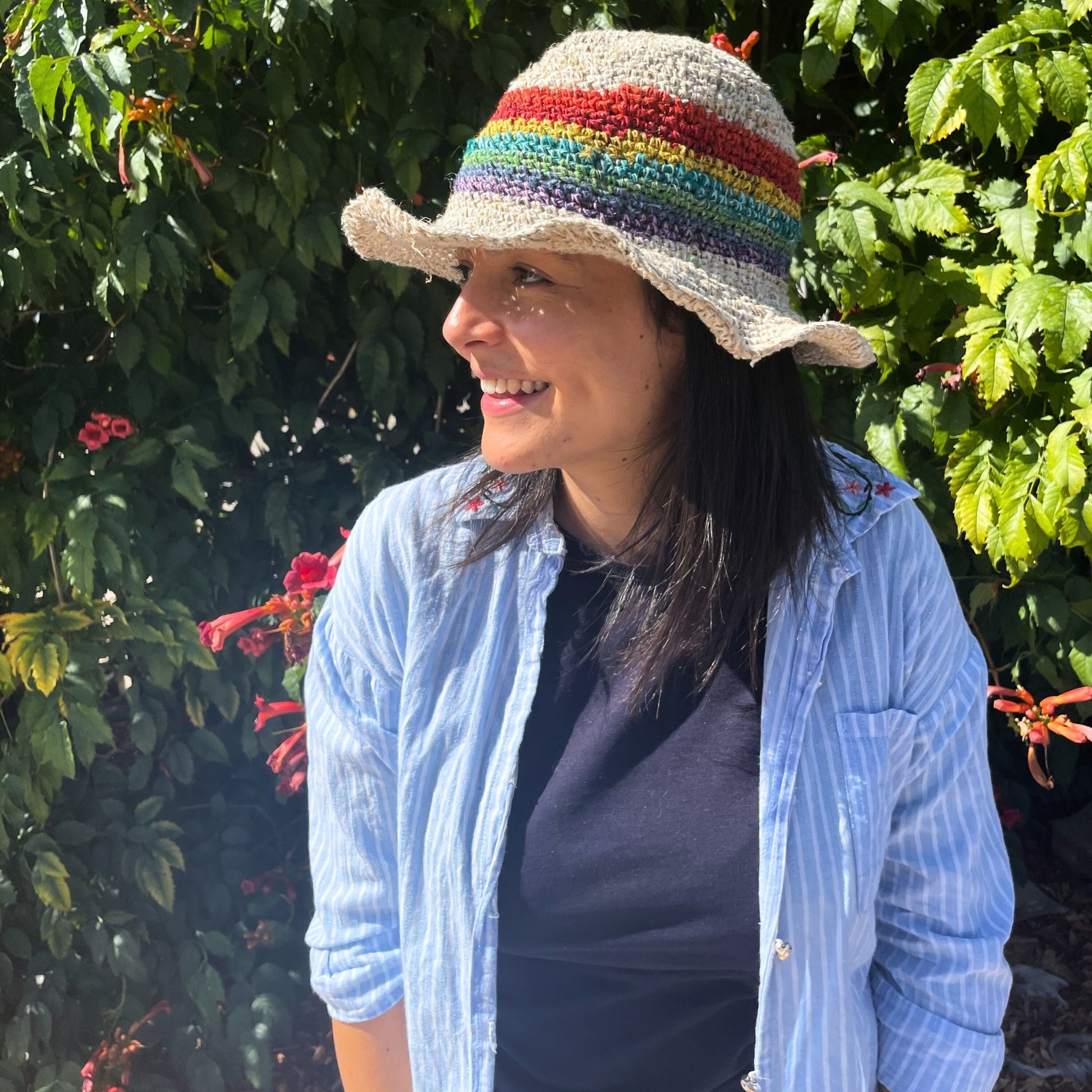 Hand Knitted Eco-Friendly Hemp and Cotton Unisex Boho Festival Hat - Rainbow product packaging on clean background from Quintessential Holistic Health Ltd