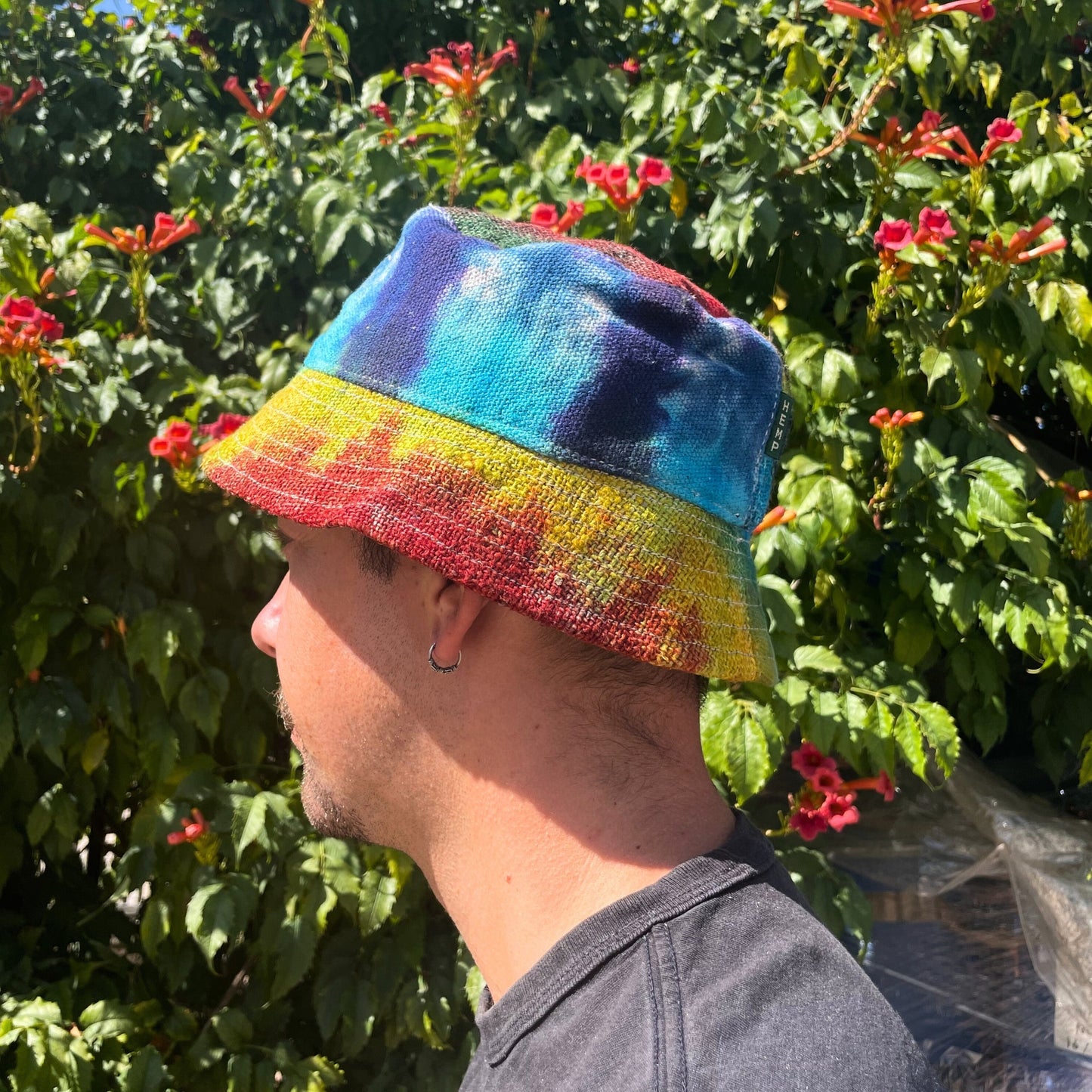Eco-Friendly Hemp and Cotton Unisex Festival Bucket Hat - Tie Dyed product packaging on clean background from Quintessential Holistic Health Ltd