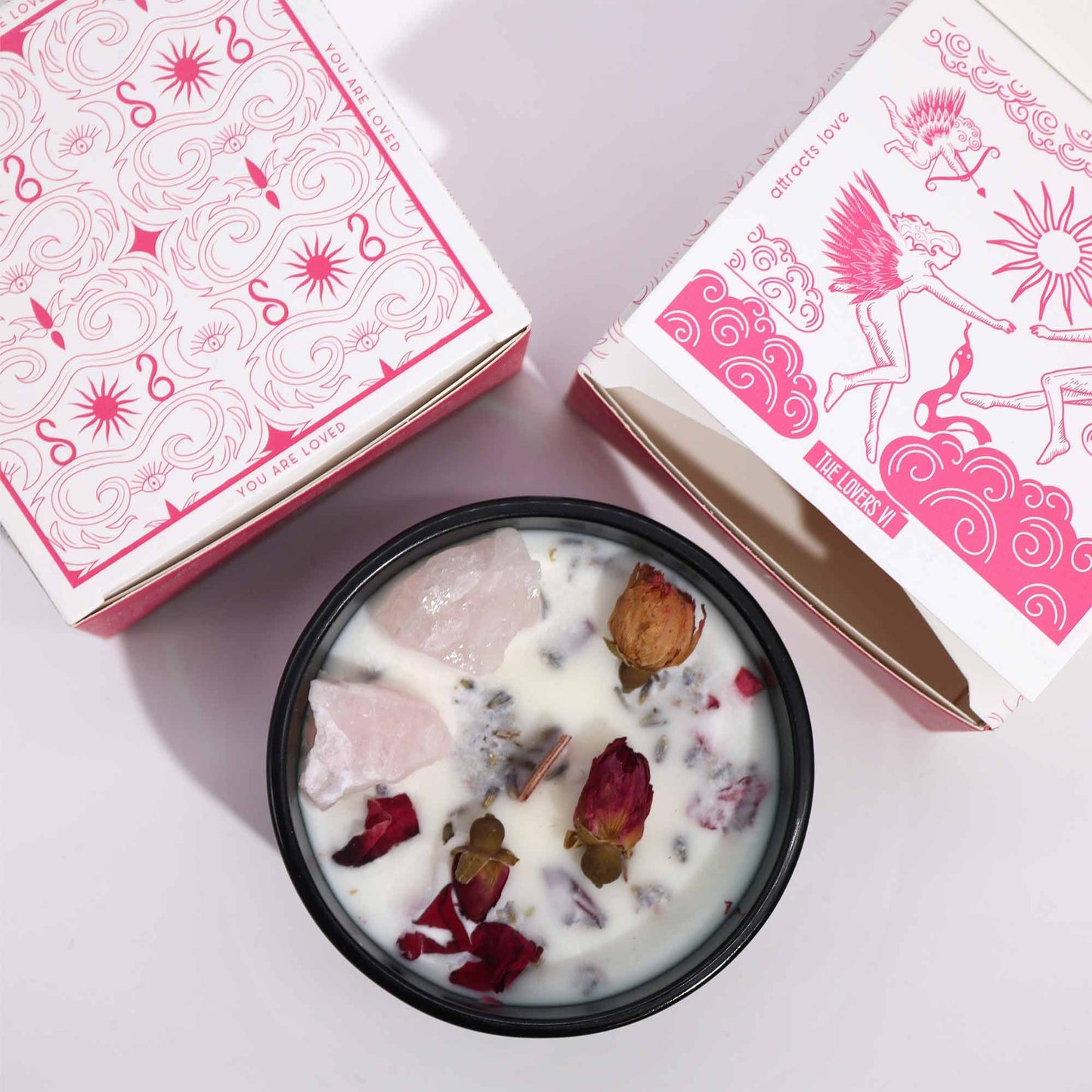 Crystal Magic Flower Eco-Friendly Soy Wax Candle - The Lovers product packaging on clean background from Quintessential Holistic Health Ltd