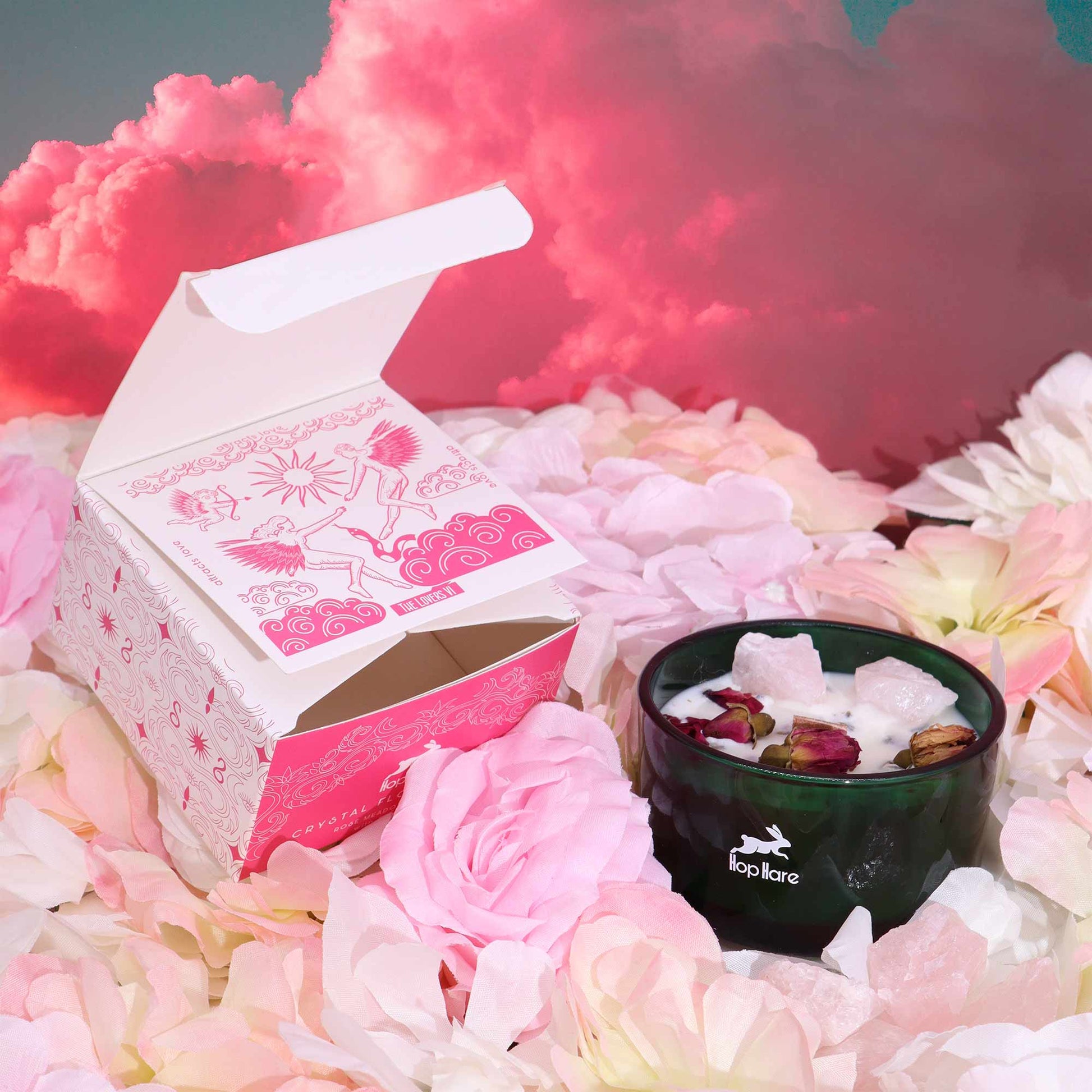 Crystal Magic Flower Eco-Friendly Soy Wax Candle - The Lovers product packaging on clean background from Quintessential Holistic Health Ltd