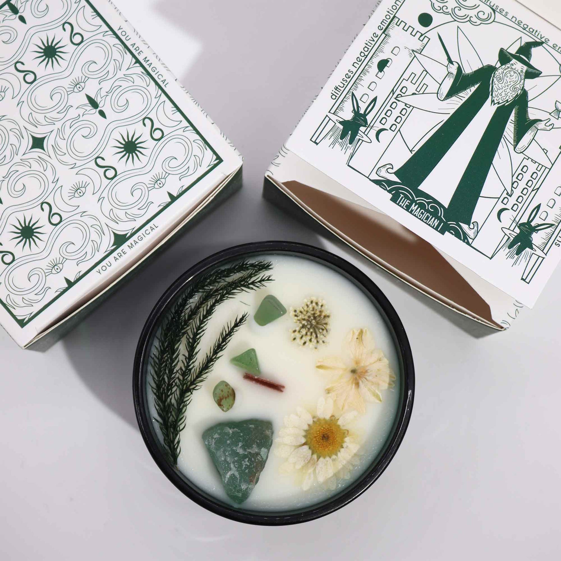 Crystal Magic Flower Eco-Friendly Soy Wax Candle - The Magician product packaging on clean background from Quintessential Holistic Health Ltd
