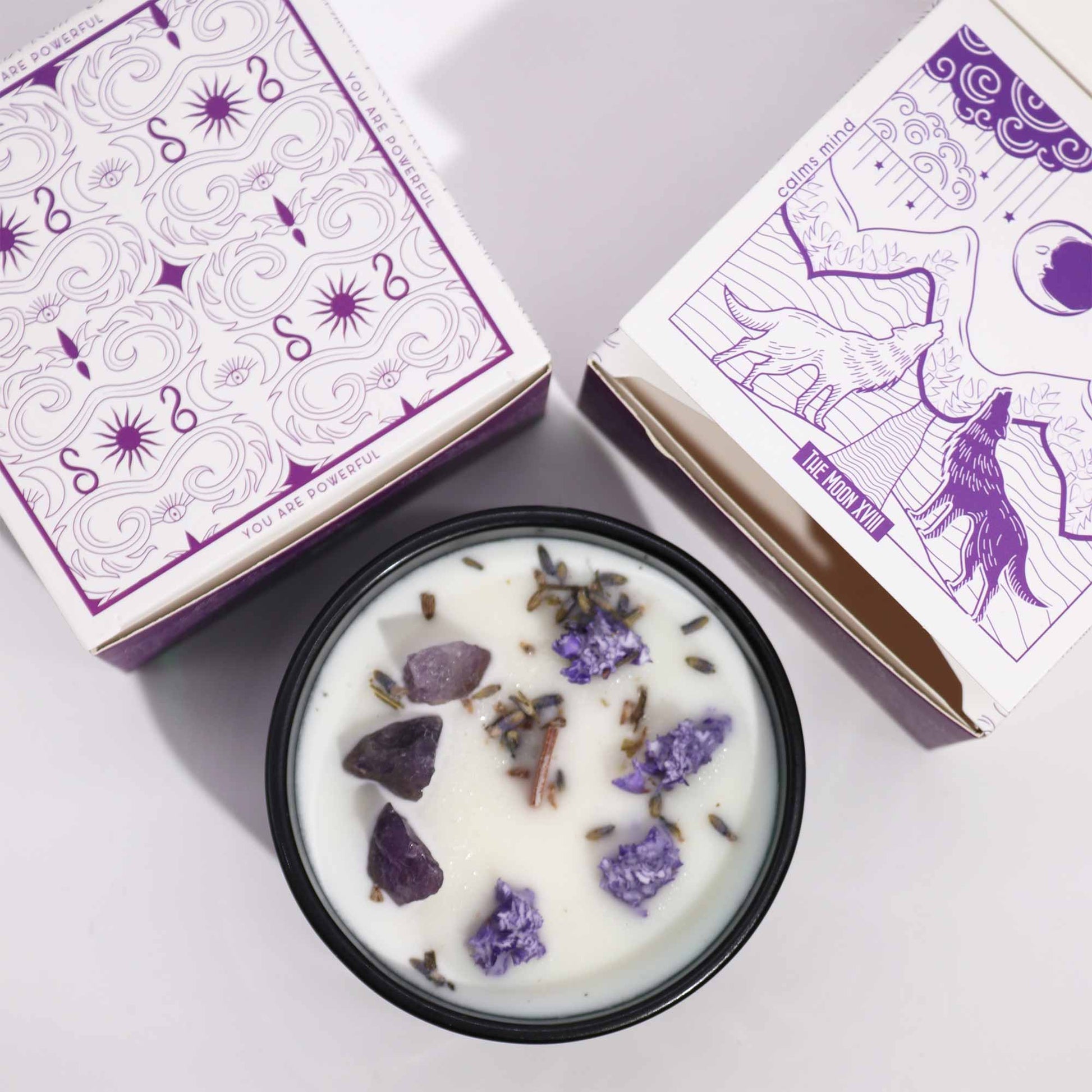 Crystal Magic Flower Eco-Friendly Soy Wax Candle - The Moon product packaging on clean background from Quintessential Holistic Health Ltd