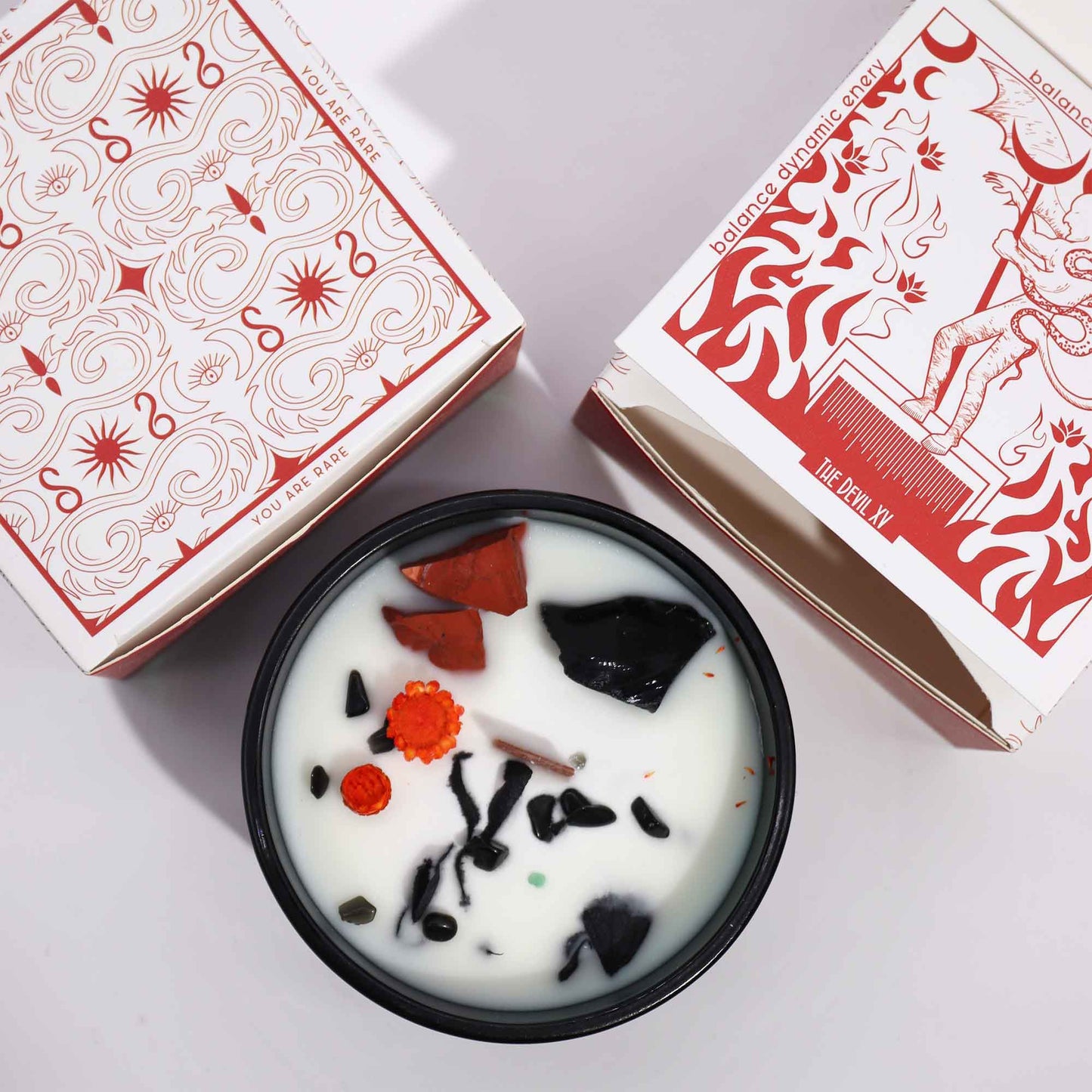 Crystal Magic Flower Eco-Friendly Soy Wax Candle - The Devil product packaging on clean background from Quintessential Holistic Health Ltd