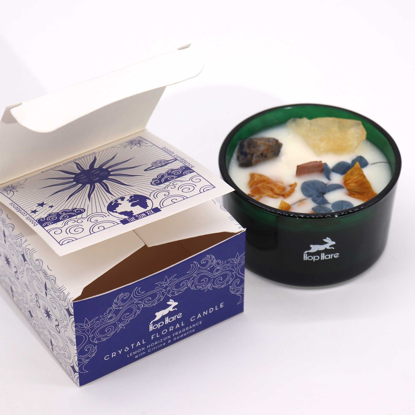 Crystal Magic Flower Eco-Friendly Soy Wax Candle - The Sun product packaging on clean background from Quintessential Holistic Health Ltd