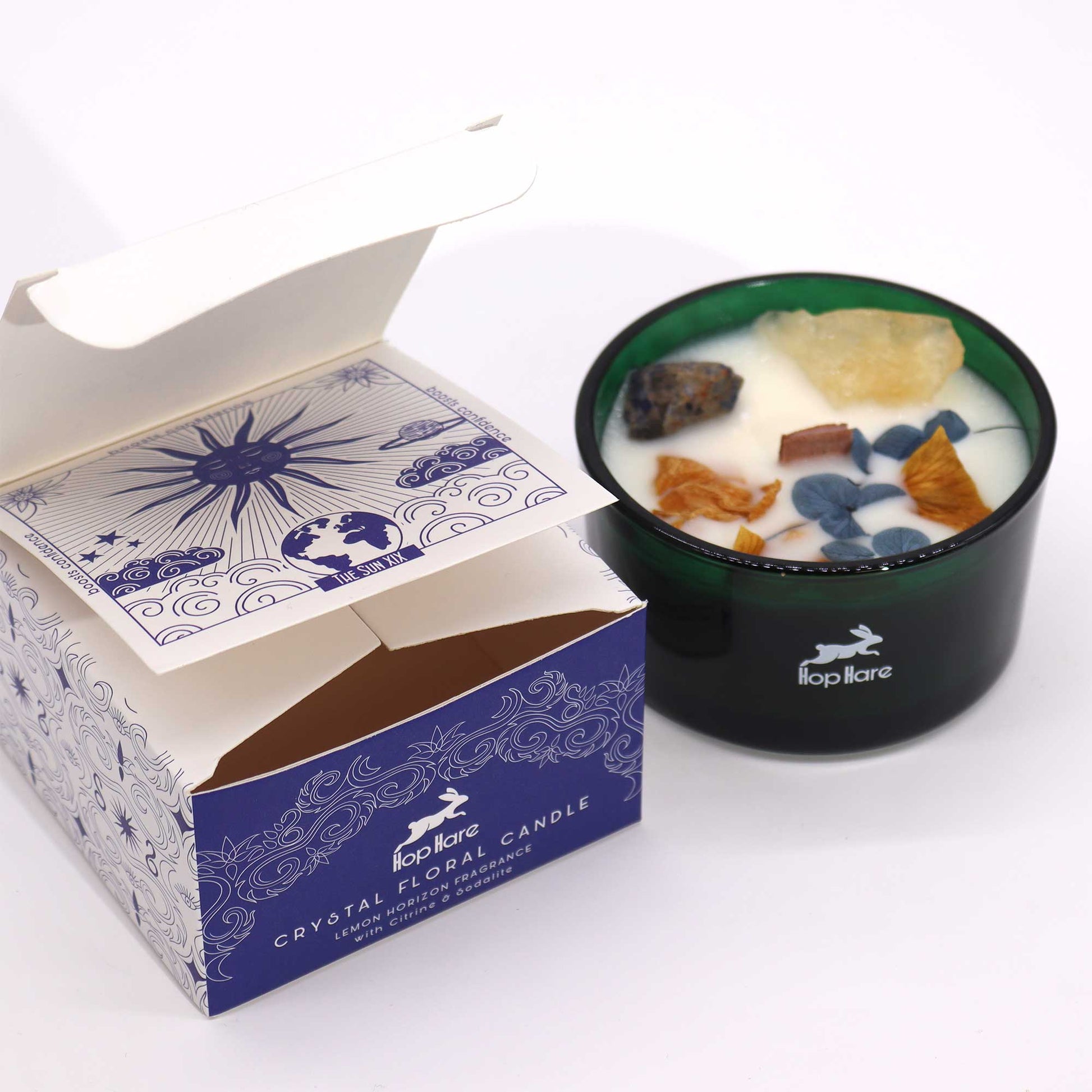 Crystal Magic Flower Eco-Friendly Soy Wax Candle - The Sun product packaging on clean background from Quintessential Holistic Health Ltd