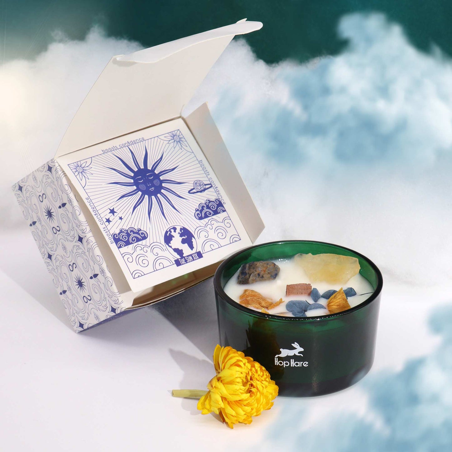 Crystal Magic Flower Eco-Friendly Soy Wax Candle - The Sun product packaging on clean background from Quintessential Holistic Health Ltd