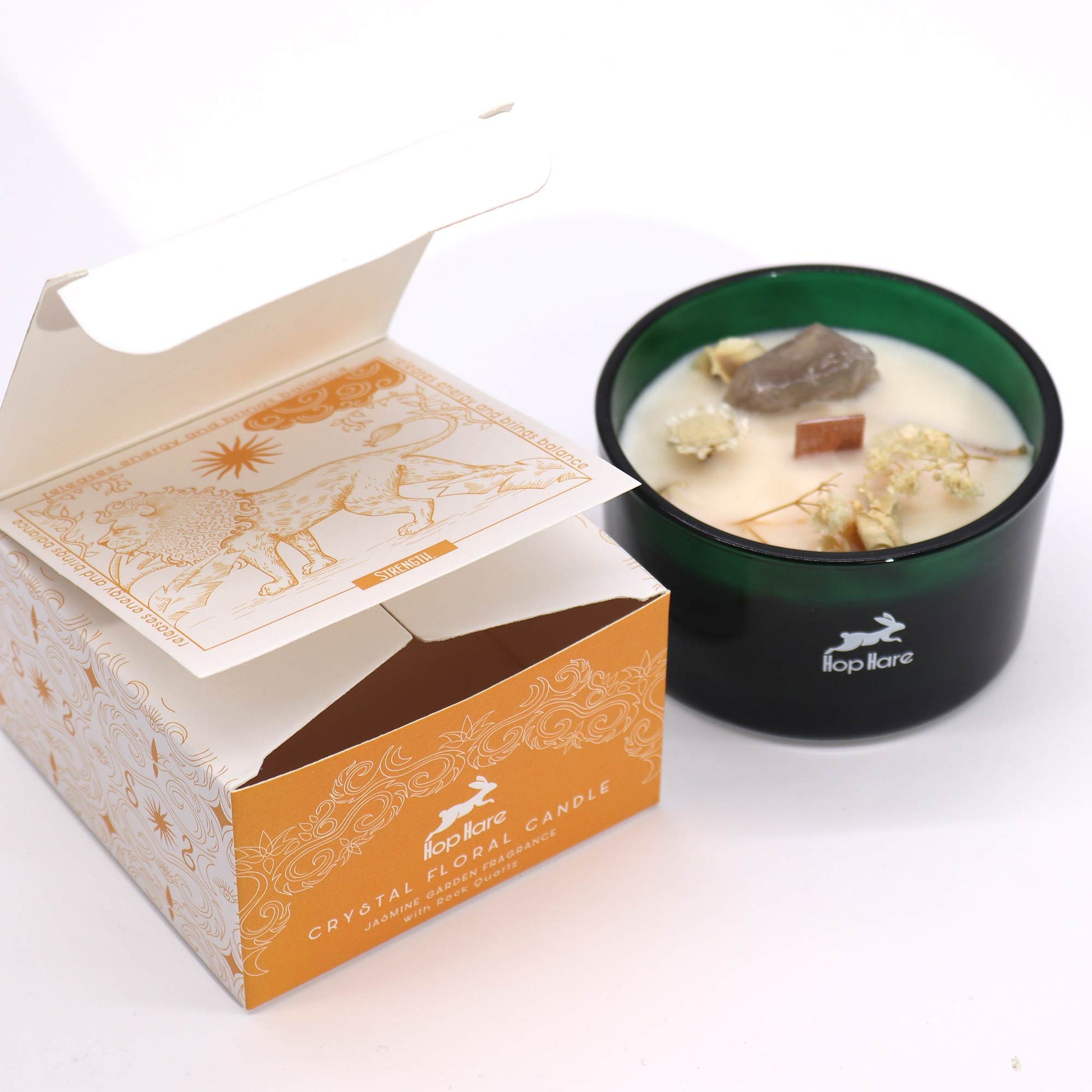 Crystal Magic Flower Eco-Friendly Soy Wax Candle - The Lion product packaging on clean background from Quintessential Holistic Health Ltd