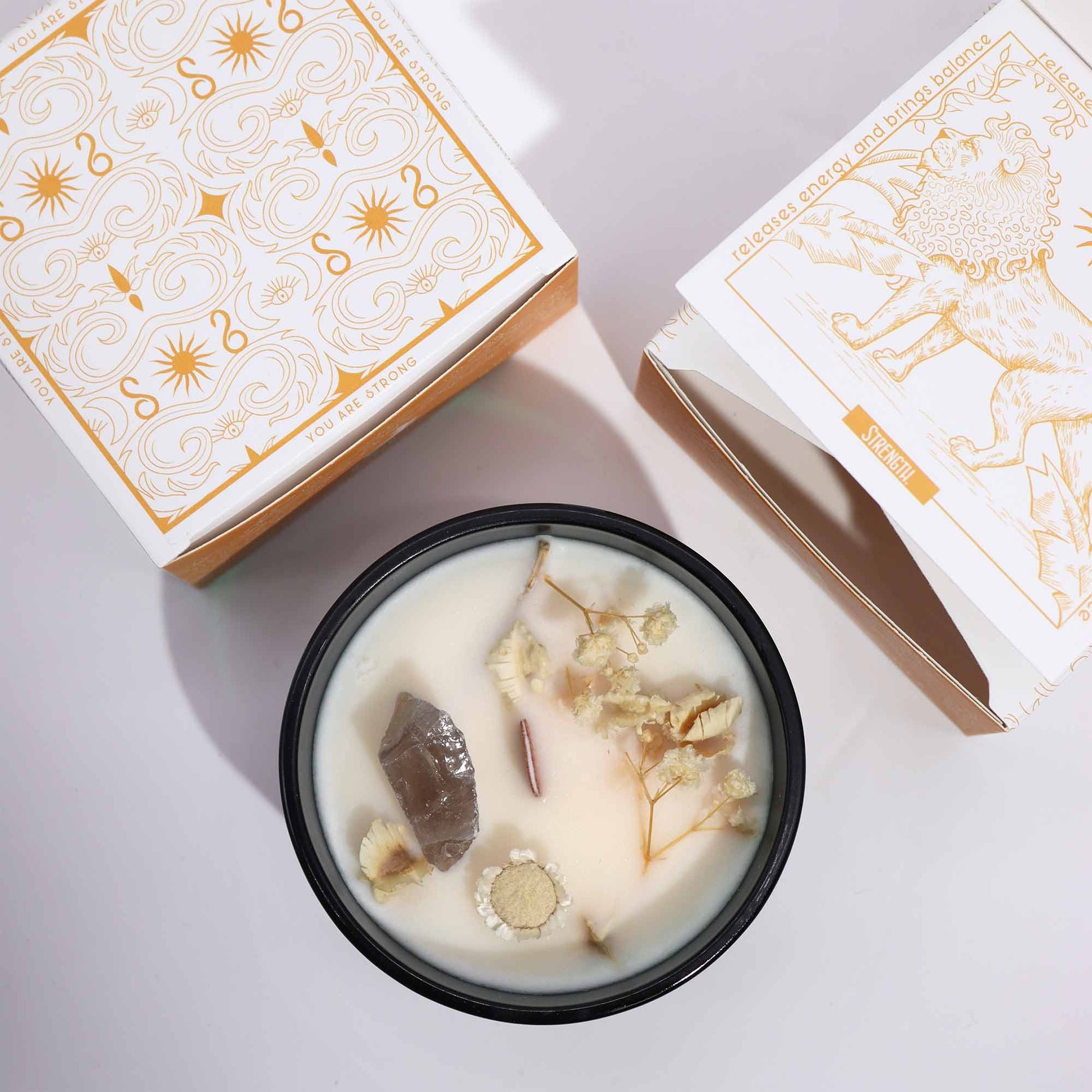 Crystal Magic Flower Eco-Friendly Soy Wax Candle - The Lion product packaging on clean background from Quintessential Holistic Health Ltd