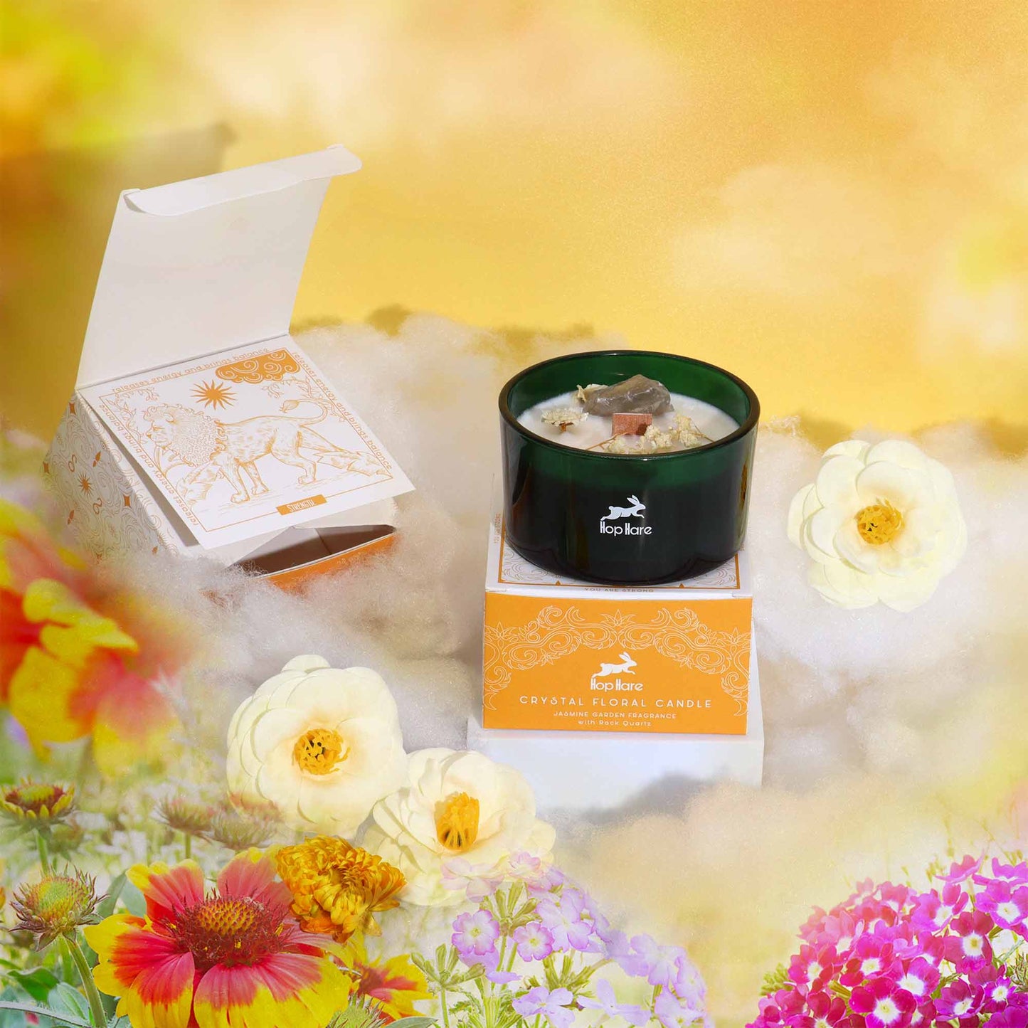 Crystal Magic Flower Eco-Friendly Soy Wax Candle - The Lion product packaging on clean background from Quintessential Holistic Health Ltd