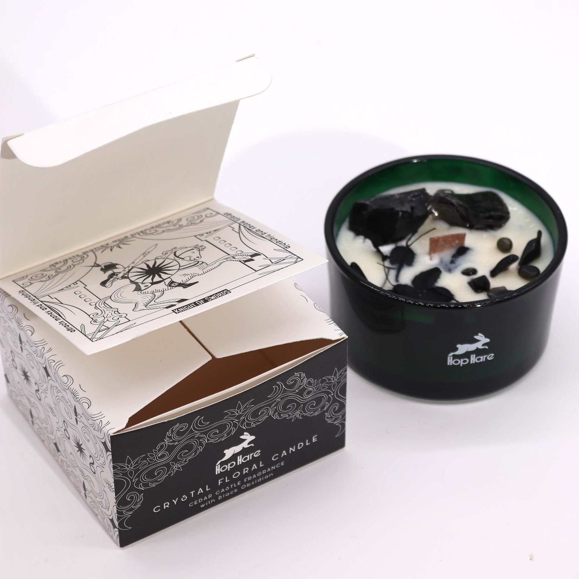 Crystal Magic Flower Eco-Friendly Soy Wax Candle - The Knight of Swords product packaging on clean background from Quintessential Holistic Health Ltd