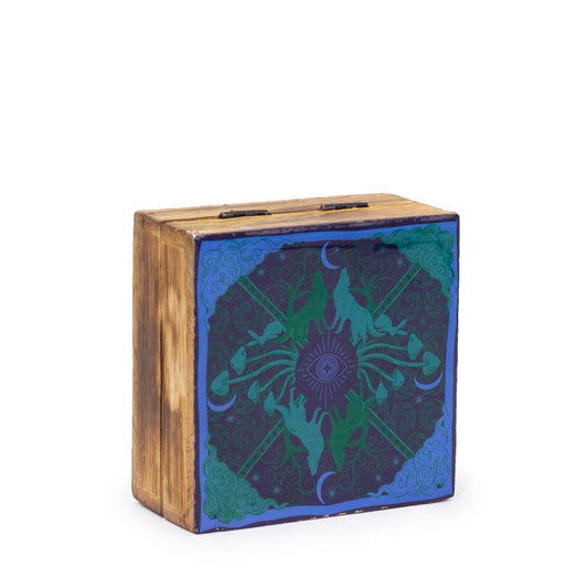 Handcrafted Enamelled Wooden Box - Small - Square - Wolf and Moon - main product image from Quintessential Holistic Health Ltd UK