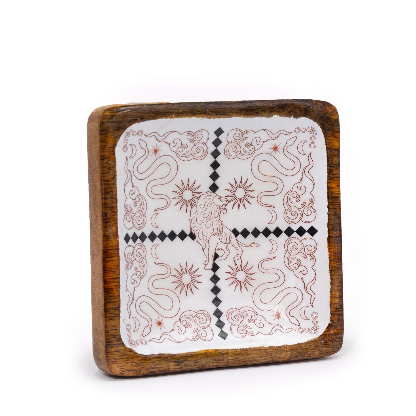 Hand Crafted Enamelled Wooden Trinket Tray - Single / Lion and Snakes product packaging on clean background from Quintessential Holistic Health Ltd