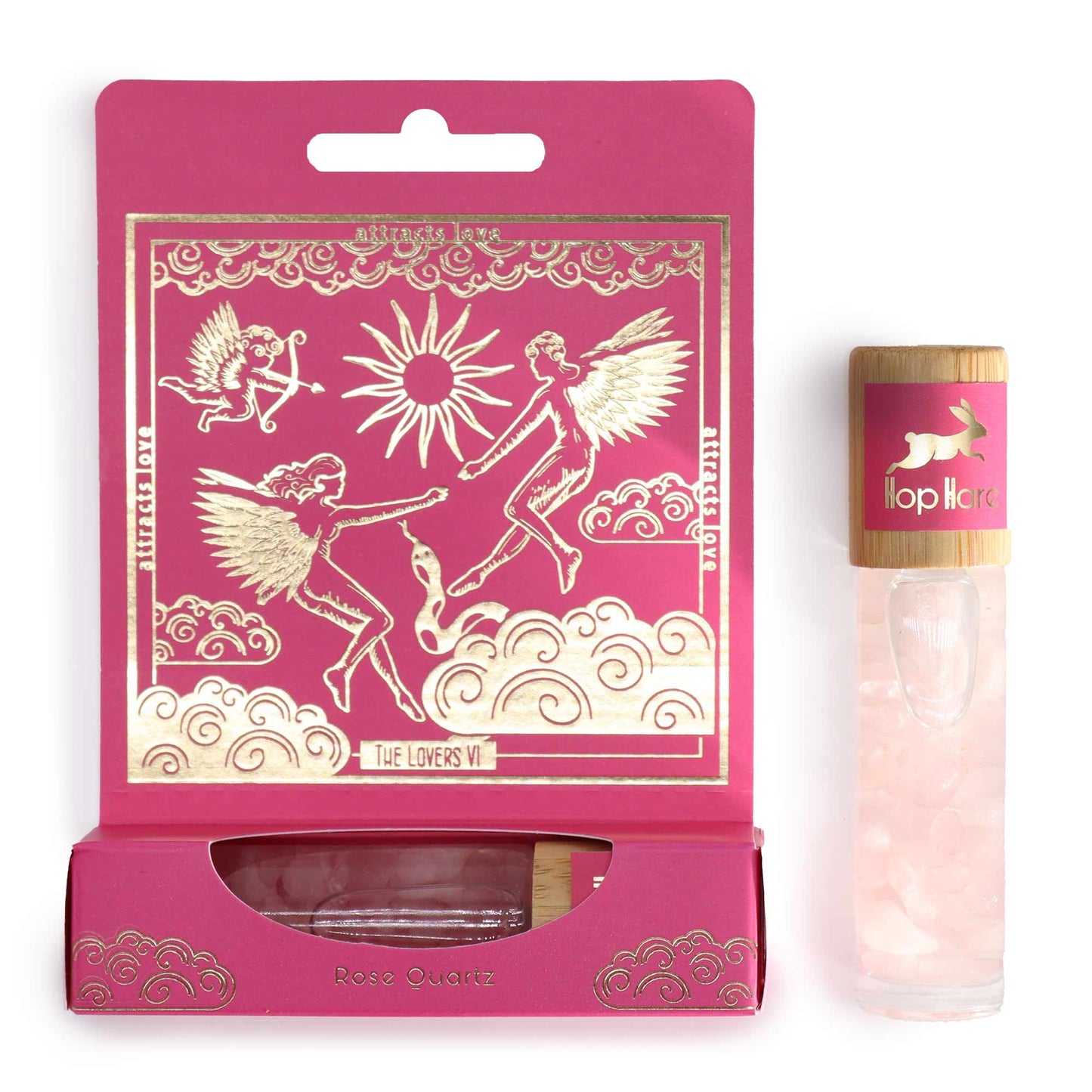Gemstone Tarot Essential Oil Roll-On - Rose Quartz - The Lovers with pink and gold illustrated box and pale chip-filled bottle by Quintessential Holistic Health Ltd